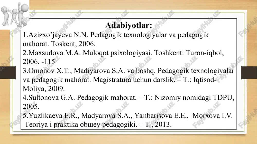 ida bo’lgan jamoa bilan muloqoti texnikasi tahlil qilingan. o’qituvchi ham pedagogik jarayonda muloqotning eng keng tarqalgan uch turidan foydalanadi: avtoritar, demokratik va liberal. avtoritar uslub. ta’lim oluvchilar faoliyatiga tegishli barcha masalalarni, hattoki kim qayerda o’tirishigacha o’qituvchi yakka o’zi hal qiladi, ta’lim oluvchilar tomonidan ko’rsatiladigan barcha tashabbusni taqiqlaydi. bu uslubni qo’llovchi o’qituvchining muloqot metodlari sifatida buyruq, ko’rsatma berish va tanbeh xizmat qiladi. demokratik uslub. bunda o’qituvchi jamoa fikriga tayangan holda ish tutadi, faoliyat maqsadini barcha ta’lim oluvchiga etkazishga harakat qiladi, faoliyatning kechishini muhokama qilishga barchani jalb etadi; o’z vazifasini faqat nazorat va munofiqlashtirish deb bilmay, tarbiya bilan ham shug’ullanadi; barcha ta’lim oluvchilarni rag’batlantiradi va ularda o’z-o’ziga ishonchni shakllantiradi; jamoada o’z-o’zini boshqarish rivojlanadi. bu uslubni qo’llovchi o’qituvchi barcha jamoa a’zolarining individual xususiyatlarini inobatga olgan holda ular o’rtasida vazifalarni teng bo’lishga harakat qiladi; tashabbus va faollikni rag’batlantiradi. bunday o’qituvchining muloqotda qo’llaydigan metodlari – iltimos, maslahat, axborot berishdir. liberal uslub – boshqacha qilib aytganda, …