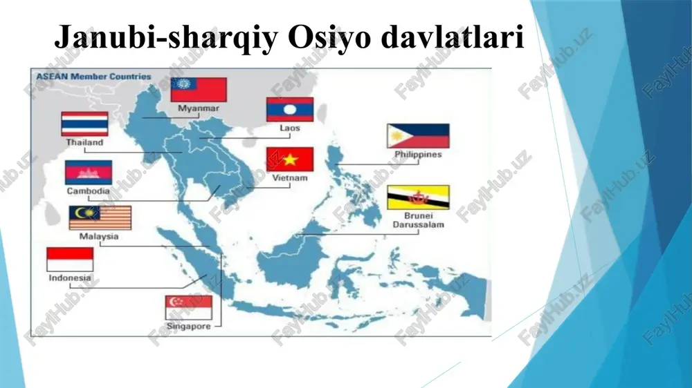 bilan tortiladi va qo‘l bilan yeyiladi. mintaqada go'sht kam iste’mol qilinadi. hindixitoy aholisi baliqdan pishirilgan taomlarni iste’mol qiladi. sut va sut mahsulotlari deyarli iste’mol qilinmaydi. qishloqlarda (tailandda) qurbaqa, ko'rshapalak, ilon, qisqichbaqa, ipak qurtini ham iste’mol qiladilar. orolliklar ko'proq o'simlik, baliq, parranda va turli mevalarni iste’mol qiladilar. janubi-sharqiy osiyo aholisi tailand poytaxti bangkok ko‘pmillatli shahar tarzda nom qozongan. mazkur shaharning doimiy aholisi 5 mln. ga yaqin. siamlar bilan birga shaharda kelib chiqishi hindistonlik bo'lgan kiashlar alohida katta-katta mavzelarda istiqomat qilishadi. shuningdek, bu yerda ko'plab yaponlar, xitoylar, yevropaliklar, amerikaliklar ham yashaydi. bangkok — yirik dengiz porti hamdir. u yirik industirial shahar bo'lib, metallni qayta ishlovchi, yengil sanoat, oziq-ovqat va neftni qayta ishlovchi zavod va fabrikalar joylashgan. bangkok o'zining hunarmandchilik mahsulotlariga ixtisoslashgan bozoriari bilan ham malum va mashhtmtir janubi-sharqiy osiyo xalqlari xo‘jaligi sholikorlik bu yerda neolit davrida paydo bo‘lib, dastlab uni tay va avstroneziya xalqlari egallagan. endi sug‘orma omoch dehqonchiligi janubi-sharqiy osiyo aholisining …