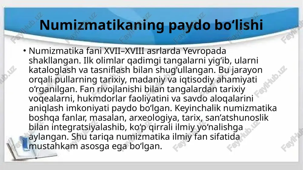 otlar, moliyaviy tizimlarni o‘rganish va qadimgi savdo aloqalarini qayta tiklash uchun muhimdir. tangalar iqtisodiy tarixni aniqlashda ishonchli manba hisoblanadi. madaniy va estetik vazifalari tangalar ko‘pincha san’at va madaniyat namunasi sifatida yaratilgan. numizmatika orqali qadimgi naqshlar, tasvirlar va yozuvlar o‘rganiladi. shu orqali madaniyat tarixi, estetik qarashlar va hukmdorlarning siyosiy ramzlari aniqlanadi. tangalar milliy merosning bir qismi sifatida saqlanadi. numizmatika fanining vazifasi — tarixiy va madaniy qiymatga ega pullarni o‘rganish va saqlash, shuningdek yosh avlodga yetkazishdir. tangalar madaniyat va san’at tarixini tahlil qilishda muhim manba hisoblanadi. xulosa numizmatika fani tangalarni ilmiy o‘rganish orqali tarix, iqtisod, madaniyat va san’atni tahlil qiladi. fan tarixiy manbalarni boyitadi, hukmdorlar faoliyatini aniqlashga yordam beradi. shu bilan birga, milliy merosni saqlash va yosh avlodga yetkazishda katta ahamiyatga ega. tangalar orqali o‘tmish va hozirgi zamon o‘rtasidagi bog‘lanish ko‘riladi. numizmatika ilmiy, madaniy va estetik jihatdan beqiyos ahamiyatga ega bo‘lib, tadqiqotchilar va tarixchilar uchun ishonchli manba hisoblanadi. image1.jpeg image2.jpeg image3.jpeg image4.jpeg …