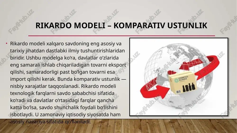 fa uzoqlashgan sari savdo hajmi kamayadi. bu model real savdo oqimlarini eng yaxshi tushuntiruvchi amaliy vosita hisoblanadi. u davlatlar o‘rtasidagi transport xarajatlari, geografik yaqinlik, bojxona to‘siqlari va integratsiya jarayonlarining savdoga ta’sirini baholashda keng qo‘llaniladi. linder modeli – talabga asoslangan yondashuv linder modeli sanoat mahsulotlari savdosini daromad darajalari o‘xshash bo‘lgan davlatlar o‘rtasida faolroq bo‘lishi bilan tushuntiradi. ushbu modelga ko‘ra, bir xil yoki yaqin iste’mol talabi mavjud bo‘lgan mamlakatlar o‘zaro ko‘proq savdo qiladi, chunki ular bir-birining tovarlariga mos bozor talabiga ega. linder modeli sifatli va murakkab sanoat mahsulotlarining xalqaro savdosini, ayniqsa rivojlangan davlatlar o‘rtasidagi savdo oqimlarini izohlashda juda samarali hisoblanadi. mahalliy bozor strukturasiga asoslangan modelllar bu modellarda xalqaro savdo mamlakat ichidagi bozor tuzilmasi — raqobat darajasi, firmalar soni, texnologik imkoniyatlar va innovatsion faoliyatga bog‘liq holda tushuntiriladi. agar bozor raqobatbardosh bo‘lsa, firmalar eksport orqali jahon bozorida mustahkam o‘rin egallaydi. agar ichki bozor yetarli darajada rivojlanmagan bo‘lsa, savdo hajmi cheklangan bo‘ladi. mazkur modelllar sanoat …