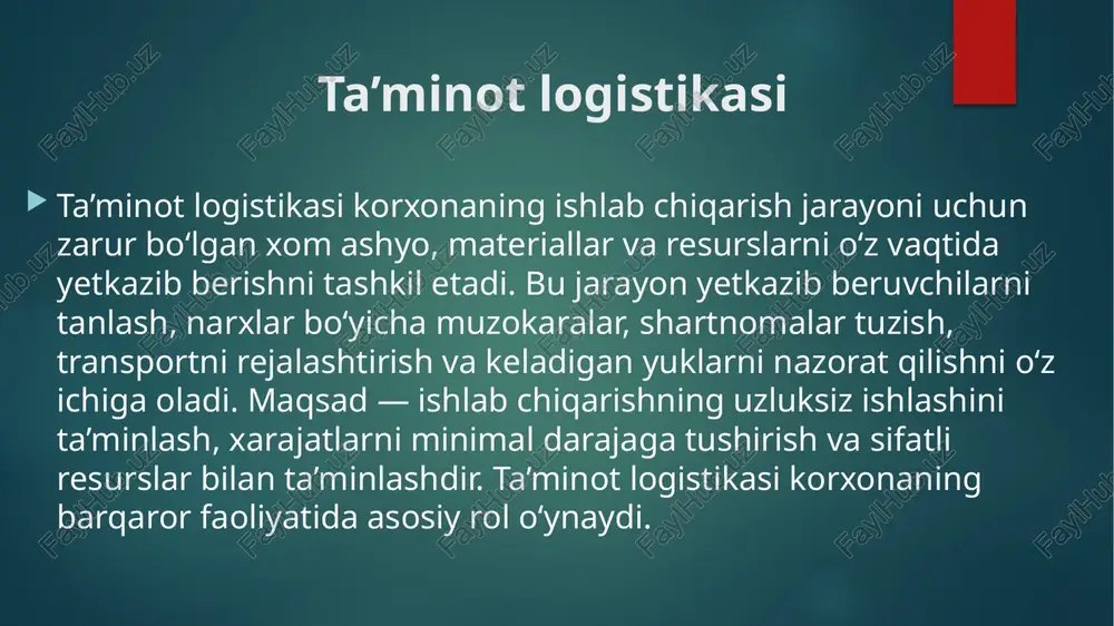htirish va yetkazib berishni nazorat qilishni o‘z ichiga oladi. buyurtmalarni samarali boshqarish mijozlar qoniqishi, tezkor xizmat ko‘rsatish va sotuv hajmiga bevosita ta’sir qiladi. zamonaviy tizimlarda bu jarayon avtomatlashtirilgan bo‘ladi. axborot logistikasi axborot logistikasi logistika tizimidagi barcha jarayonlarning shaffofligini va real vaqt rejimida boshqarilishini ta’minlaydi. erp, wms, tms, gps, rfid kabi texnologiyalar moddiy oqimlar ustidan to‘liq nazorat o‘rnatadi. axborot oqimi tez va aniq bo‘lsa, logistika jarayonlari ham oson boshqariladi. axborot logistikasi qaror qabul qilishni tezlashtiradi, xatolarni kamaytiradi va resurslarni optimal taqsimlashga yordam beradi. image6.jpeg image7.jpeg image8.jpeg image9.jpeg image2.png image3.png image4.png image5.png /docprops/thumbnail.jpeg