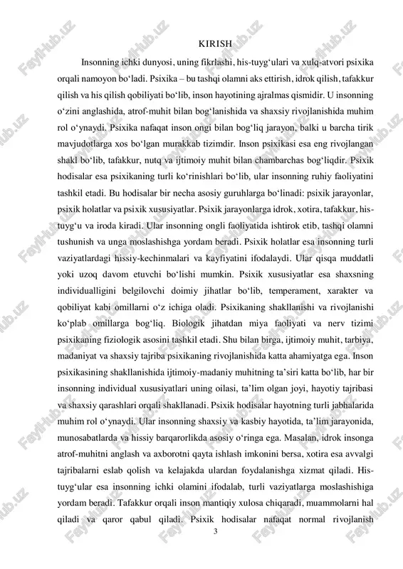 n hayotining ajralmas qismi bo‘lib, ularni o‘rganish va tushunish har bir inson uchun foydalidir. ushbu referat orqali ushbu muhim mavzuning nazariy va amaliy jihatlari yoritilib, inson psixikasining murakkab va qiziqarli jihatlariga chuqurroq nazar tashlanadi. 5 1. psixik hodisalar tasnifi psixika insonning tashqi olamni aks ettirish, idrok qilish va o‘z harakatlarini boshqarish imkoniyatini beruvchi murakkab jarayondir. u turli xil psixik hodisalardan tashkil topgan bo‘lib, ularni uchta asosiy guruhga bo‘lish mumkin: psixik jarayonlar, psixik holatlar va psixik xususiyatlar. psixik jarayonlar: psixik jarayonlar inson ongining asosiy faoliyat mexanizmlaridan biri bo‘lib, ular orqali tashqi dunyo haqidagi ma’lumotlar qabul qilinadi, qayta ishlanadi va unga mos ravishda javob qaytariladi. ular quyidagi turlarga bo‘linadi:  idrok – tashqi olamdagi narsalar va hodisalarni sezgilar orqali qabul qilish va ularni ongli tarzda tushunish jarayoni. masalan, biz ko‘z bilan ranglarni, quloq bilan tovushlarni, teri bilan issiqlik yoki sovuqlikni his qilamiz.  xotira – inson ongida o‘tgan tajribalar, bilimlar va taassurotlarni …