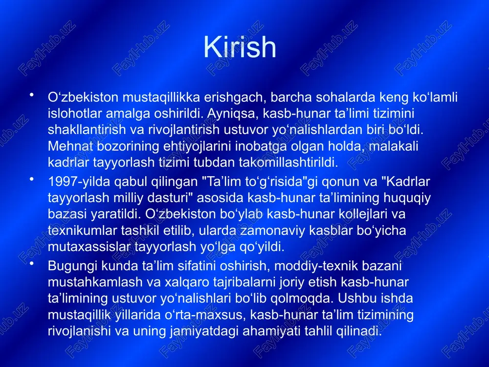 ngaymoqda. korxonalar bilan hamkorlikda amaliy mashg‘ulotlar va ishlab chiqarish amaliyoti yo‘lga qo‘yilgan. simulyatsiya laboratoriyalari va virtual o‘quv muhitlari yaratilmoqda. 📌 o‘qituvchilarning malakasini oshirish pedagoglar xorijiy davlatlarda malaka oshirib, ilg‘or tajribalarni ta’lim jarayoniga tatbiq etmoqda. o‘qituvchilar uchun innovatsion texnologiyalar bo‘yicha maxsus seminar va treninglar tashkil etilmoqda. zamonaviy pedagogik usullar va raqamli texnologiyalar asosida dars berish rivojlantirilmoqda. 📌 zamonaviy kasblarni o‘rgatish it, dasturlash, avtomatlashtirish, robototexnika, sun’iy intellekt kabi texnologik sohalarga yo‘naltirilgan kurslar joriy etilgan. mehnat bozorining talabiga mos ravishda muhandislik, avtomatika, elektronika va dizayn yo‘nalishlari bo‘yicha yangi mutaxassisliklar ochildi. startap va tadbirkorlik ko‘nikmalarini shakllantirish bo‘yicha maxsus dasturlar amalga oshirilmoqda. 📌 natijalar: ✔ ta’lim sifati oshib, bitiruvchilarning mehnat bozorida talabgirligi ortmoqda. ✔ amaliyot va nazariyaning uyg‘unligi orqali bitiruvchilarning malakasi oshmoqda. ✔ kasb-hunar ta’limi tizimi zamonaviy va innovatsion yo‘nalishlarga moslashtirilmoqda. ta’lim sifatining oshirilishi 📌 kasb-hunar markazlari zamonaviy jihozlar bilan ta’minlandi texnikum va kasb-hunar markazlari zamonaviy laboratoriyalar, kompyuter sinflari, ishlab chiqarish uskunalari bilan jihozlandi. ishlab …