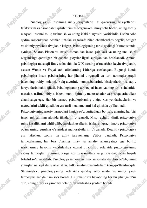 o‘zaro ta'sir qilishlarini, bir-biriga nisbatan munosabatlarini va ijtimoiy muhitda qanday xulq-atvor ko‘rsatishini o‘rganadi.  ijtimoiy guruhlar, munosabatlar va ta'sir: ijtimoiy psixologiya ijtimoiy guruhlarning tuzilishi, ularning a'zolari o‘rtasidagi munosabatlar va guruh ichidagi ta'sirlarni o‘rganadi. guruh dinamikasi va liderlik, ijtimoiy ta'sir, konformizm kabi fenominalar ijtimoiy psixologiyaning asosiy tadqiqot sohalaridan biridir.  shaxs va ijtimoiy muhit o‘rtasidagi o‘zaro ta’sirlar: bu tarmoqda shaxsiyat va ijtimoiy muhit o‘rtasidagi o‘zaro ta’sirlar, shaxsning ijtimoiy o‘zgarishlarga qanday moslashishi o‘rganiladi. ijtimoiy psixologiya shaxsiy xulq-atvorni tushunishda muhim rol o‘ynaydi. 5 klinik psixologiya: klinik psixologiya ruhiy kasalliklarni tashxislash, davolash va yengillashtirish bilan shug‘ullanadi. psixoterapiya, maslahat xizmatlari va ruhiy salomatlikni qo‘llab-quvvatlash klinik psixologiyaning asosiy qismidir.  ruhiy kasalliklar, davolash usullari: klinik psixologiya turli ruhiy kasalliklar va ularning davolash usullarini o‘rganadi. depressiya, nevroz, shizofreniya va boshqa ruhiy kasalliklar bu tarmoqning asosiy tadqiqot obyekti hisoblanadi.  psixoterapiya va maslahat xizmatlari: psixoterapiya va maslahat xizmatlari ruhiy holatni yaxshilash, stressni kamaytirish va shaxsni o‘z muammolari bilan …