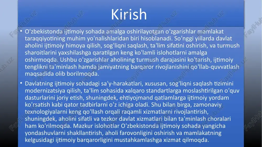 ixologik rivojlanishini qoʻllab-quvvatlash. taʼlim sifatini oshirish: zamonaviy fan va texnologiyalarni taʼlim jarayoniga kiritish, shuningdek, steam (fan, texnologiya, muhandislik, sanʼat va matematika) yoʻnalishlarini rivojlantirish. yangi oʻquv dasturlari va o‘quv rejalarini ishlab chiqish, o‘quvchilarni zamonaviy ko‘nikmalar bilan taʼminlash. xalqaro standartlarga muvofiq taʼlim sifatini oshirish, innovatsion metodlarni qo‘llash. malakali pedagoglarni tayyorlash: ustozlarni qayta tayyorlash va malakasini oshirish dasturlari orqali taʼlim sifatini oshirish. pedagoglarni rivojlantirishga qaratilgan yangi loyihalar va kurslarni amalga oshirish. zamonaviy pedagogik yondashuv va usullarga asoslangan trening va seminarlar o‘tkazish. xulosa oʻzbekistonda ijtimoiy sohada amalga oshirilayotgan islohotlar mamlakatning har tomonlama barqaror rivojlanishiga xizmat qilmoqda. davlatning sogʻliqni saqlash, taʼlim, ijtimoiy himoya va turmush sharoitlarini yaxshilash yoʻnalishidagi keng koʻlamli sa’y-harakatlari aholining hayot sifatini oshirishga qaratilgan. ushbu oʻzgarishlar nafaqat hozirgi kun talablariga javob beradi, balki jamiyatda ijtimoiy tenglik, adolat va imkoniyatlarni ta’minlashni ham ko‘zda tutadi. aholining turmush darajasini yaxshilashga qaratilgan islohotlar ijtimoiy barqarorlik va milliy rivojlanishga zamin yaratmoqda. kelajakda bu jarayonlarning davom ettirilishi, ijtimoiy xizmatlarni …