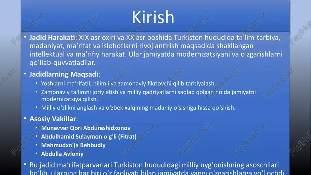 arayonlarini boshlashda yetakchi rol o‘ynagan. ular turkiston jamiyatini maʼrifatli qilish, zamonaviy bilimlar bilan tanishtirish va milliy o‘zlikni saqlash orqali taraqqiyotni taʼminlashga intildilar. jadidlar yosh avlodni ilmli va tarbiyali qilish maqsadida yangi maktablar ochib, darsliklar va taʼlim tizimlarini yangilashga kirishdilar. milliy g‘urur va o‘zlikni anglashni rivojlantirishga undagan bu ziyolilarning maqsadi xalqni jaholatdan, qoloqlikdan chiqarib, madaniyat va ilm-maʼrifat yo‘liga boshlash edi. ular yozgan asarlar, yaratgan darsliklar va amalga oshirgan taʼlim islohotlari natijasida jamiyatda maʼrifatparvarlik va o‘zini anglash g‘oyalari keng tarqaldi. jadidlar nafaqat taʼlim, balki adabiyot, sanʼat, va ijtimoiy hayotda ham chuqur iz qoldirib, milliy uyg‘onish harakatining poydevorini yaratdilar. shu tariqa, ularning faoliyati bugungi kunda ham milliy maʼnaviyat va taʼlim tizimining rivojlanishiga katta taʼsir ko‘rsatib kelmoqda. etiborlaringiz uchun kotta raxmat image1.png /docprops/thumbnail.jpeg