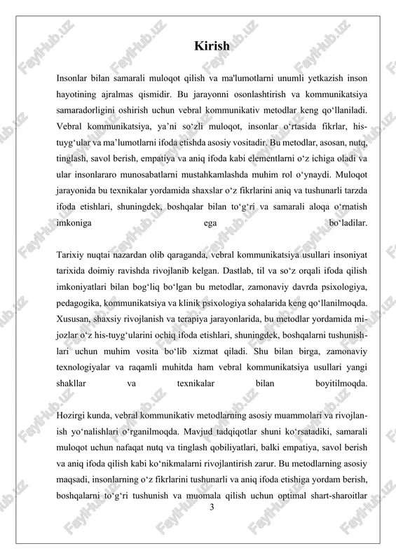 iqlik va tushunishni rivojlantirishga yordam beradi. vebral kommunikativ metodlarning asosiy tushunchalaridan biri sifatida, til va so‘zlarning o‘rni katta ahamiyatga ega. bu metodlar, ayniqsa, tilni to‘g‘ri va maqsadli foydalanishni taqozo etadi. til orqali ifoda etiladigan fikrlar aniq va tushunarli bo‘lishi uchun, so‘zlar va iboralar ehtiyotkorlik bilan tanlanadi, ularning mazmuni va konteksti hisobga olinadi. shu bilan birga, til bilan bog‘liq bo‘lmagan, lekin muhim bo‘lgan so‘zsiz kommunikatsiya elementlari — yuz ifodasi, jismoniy harakatlar, intonatsiya va pauza kabi noverbal signallar ham metodlarning ajralmas qismi hisoblanadi. bu elementlar, ayniqsa, empatiya va muhim fikrlarni ta’kidlash uchun muhimdir. vebral metodlarning yana bir muhim konseptsiyasi — faol tinglashdir. bu texnika, muloqot jarayonida faqat so‘zlarni qabul qilish emas, balki ularni chuqur anglash, savollar bilan aniqlik kiritish va muvofiqlikni ta’minlash orqali muqobil tushunmovchiliklarni bartaraf etishga yordam beradi. faol tinglash, shuningdek, boshqa insonning his-tuyg‘ularini va ehtiyojlarini anglashga imkon yaratadi, bu esa, ayniqsa, psixoterapiya, maslahat va treninglarda keng qo‘llaniladi. sorash va savol …