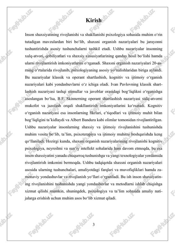 bog‘liq bo‘lib, mukofotlar xulq-atvorga ijobiy ta’sir ko‘rsatadi, jazolar esa uni kamaytiradi yoki to‘xtatadi. bu nazariya ta’lim jarayonida keng qo‘llanilib, odatlarni shakllantirishda amaliy usullarni ishlab chiqishga yordam beradi. operant nazariya inson xulq-atvorini o‘zgarish mexanizmlarini tushunish uchun muhim bo‘lib, u insonlarning muayyan vaziyatlarda qanday xulq-atvorlar ko‘rsatishini aniqlashda qo‘llaniladi. kognitiv o‘rganish nazariyasi albert bandura va boshqa olimlar tomonidan rivojlantirilgan bo‘lib, insonlarni faqat tashqi stimullar va javoblar bilan cheklash emas, balki ular fikrlari, e’tiqodlari va muhit bilan qanday bog‘liqligini ham hisobga oladi. bandura kognitiv nazariyada insonlarning muhitga moslashishda faol rol o‘ynashini ta’kidlaydi va ularni fikrlash jarayonlari bilan bog‘liq mexanizmlar orqali tushuntiradi. unga ko‘ra, insonlar o‘z tajribalaridan o‘rganadi, ularni tahlil qiladi va muhitga moslashadi. bu nazariya ijtimoiy muhitda o‘z-o‘zini o‘rgatish va modellash jarayonlarini ta’kidlaydi, bunda insonlar boshqalarining xulq-atvorini kuzatib, o‘rganadi va o‘z xulq-atvorlarini moslashtiradi. shaxsni organish nazariyalari insonning shaxsiy va ijtimoiy rivojlanishini tushunishda keng qo‘llaniladi. ular ta’lim, psixoterapiya va ijtimoiy muhitni boshqarishda muhim rol o‘ynaydi. …