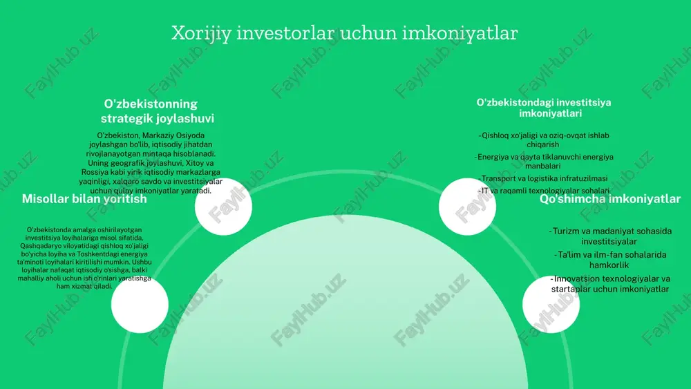 vatlash fondi mavjud. - investitsiya loyihalari uchun subsidiyalar taqdim etiladi. - ta'lim va malaka oshirish dasturlari orqali kadrlar tayyorlanadi. davlat tomonidan beriladigan imtiyozlar investorlar uchun moliyaviy yengilliklar yaratadi, bu esa investitsiyalarni jalb qilishda muhim rol o'ynaydi. investorlar va davlat o'rtasidagi hamkorlik iqtisodiy rivojlanishni ta'minlash uchun zarur, chunki bu ikki tomon birgalikda yangi imkoniyatlar va loyihalarni amalga oshirishda ishlaydi. huquqiy himoya turlari xorijiy investitsiyalarni qo'llab-quvvatlashda huquqiy himoya turlari muhim ahamiyatga ega. quyidagi uchta asosiy huquqiy himoya turi mavjud: 1. davlat kafolati: bu himoya turi, davlat tomonidan investorlarning huquqlarini himoya qilishni anglatadi. afzalliklari - davlatning ishtiroki bilan xavfsizlik va ishonch darajasi oshadi. kamchiliklari - davlatning o'z majburiyatlarini bajarmasligi mumkin. 2. investorlar uchun shartnomaviy himoya: bu, investorlar va davlat o'rtasidagi shartnomalar orqali ta'minlanadi. afzalliklari - shartnomalar orqali huquqiy himoya kuchayadi. kamchiliklari - shartnomalarni buzish holatlari yuzaga kelishi mumkin. 3. tashqi investitsiyalarni himoya qilish mexanizmlari: bu mexanizmlar global va mahalliy qonunlar asosida investorlarni himoya …