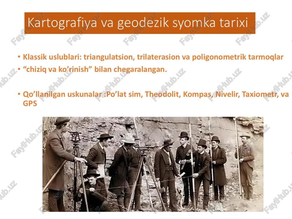 • gps bu uzluksiz tizim (triangulatsiya) • sputniklar 4 km/s tezlikda harakatda 1. a gps antenasi bir necha sputnikdan 1 tomonlama signal oladi • har bir signal vaqtdan iborat • har bir signal sputnik pozitsiyasini bildiradi 2. signal vaqti sputnik vaqti bilan solishtiriladi 3. delta-t nur tezligiga ko’paytiriladi (dt*c) (masofani topish uchun) 4. har bir masofa sputniklarning qaysi joyda ekanligini ko’rsatadi 5. bunday masofalar yig’indisi joy koordinatasini beradi xll vl masofa = olingan vaqt x nur tezligi ishlash prinsipi : masofa bir necha sputnik masofalari 1 diapazon konus yuzaning sferik yuza joylashuvini ko’rsatadi. 2 ta diapozon kesishuvi natijasida kuzatuvchi yumaloq gumbazli forma yuzani ko’rishi mumkin 3 diapozon 1va 2 chi natijani ushlab umumiy ko’rinishni beradi rasmlar sayti http://giswww.pok.ibm.com/gps • masofalar vaqtlar farqlarini hisoblash orqali olinadi • oddiy gps larda oddiy soatlar o’rnatiladi va ular sputnik soatlaridan aniqliklari kam • nur tezligi 300 000 km soatida harakat qiladi • (masofa = …