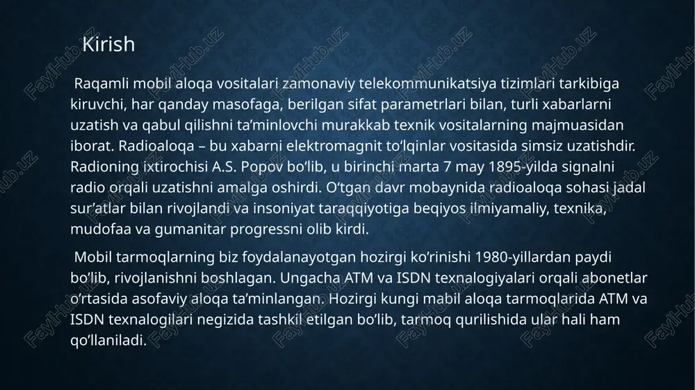 diotelefonlar oddiy qayd etilgan kanallarni ishlatgan. agar kanal band bo’lsa, abonent qo’lda boshqa bo’sh kanalga qayta ulangan. apparatura juda katta va ishlatishda noqulay bo’lgan. markaziy radiotugun juda katta quvvatli yuqori chastotali signallarni 100 km masofalarga uzatgan. turli mamlakatlardan olimlar va muhandislar amaldagi mobil tizimni yanada rivojlantirishgaharakat qila boshlashdi. 1940-yillarning o’rtalarida at&t amerika kompaniyasining bell laboratories tadqiqotlar markazi butun xizmat ko’rsatiladigan hududni uncha katta bo’lmagan oraliqlarga bo’lish g’oyasini taklif etdi, ular sotalar, (ingl. cell- yacheyka) deyila boshlandi. 1971-yilda at&t bell laboratories, murray hill, n.j. kompaniyalarida amps mobil telefon tizimi eng afzal arxitekturasi sifatida sotali tizim konsepsiyasi taklif etildi. g’oya qiziqarli bo’ldi va asosiy stansiyani katta balandlikka tog’ning ustiga, uning pastroq quvvatli stansiyalari yerga sathiga yaqin kenglikka joylashtirish bo’ldi. 1970-yillarning oxirlarida 5 ta shimoliy yevropa davlatlari - shvesiya, finlyandiya, islandiya, daniya va norvegiya uchun yagona sotali aloqa standartini yaratish bo’yicha ishlar boshlandi, u nmt-450 (nordic mobile telephone) nomini oldi va 450 mgs …