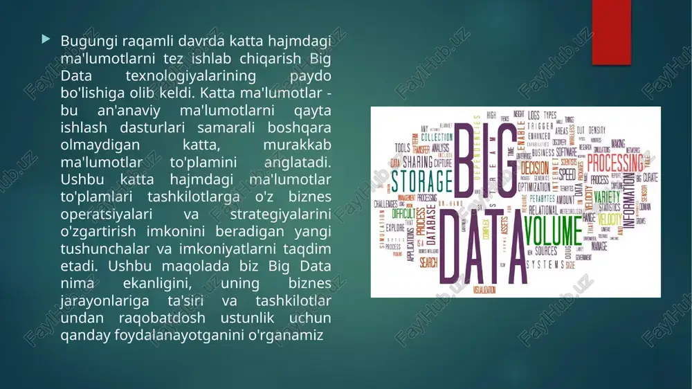 . kompaniyalar mijozlarning xarid qilish xatti-harakatlarini o‘rganib, marketing strategiyalarini optimallashtiradi, mahsulot sifati va xizmat ko‘rsatish darajasini oshiradi. masalan, internet-do‘konlar foydalanuvchilarning qidiruv tarixi, xaridlar ro‘yxati va sayt bilan o‘zaro aloqasidan kelib chiqib, shaxsiylashtirilgan takliflar bilan chiqadi. bu esa savdo hajmining ko‘payishiga va mijozlar sodiqligining oshishiga olib keladi. iqtisodiyotda katta ma’lumotlar makro va mikro jarayonlarni tahlil qilishda muhim vosita hisoblanadi. davlat organlari iqtisodiy ko‘rsatkichlarni real vaqt rejimida kuzatib borish, aholi bandligi, inflyatsiya, ishlab chiqarish samaradorligi kabi jarayonlarni bashorat qilish uchun big data’dan foydalanadi. bu ma’lumotlar asosida iqtisodiy siyosatning samaradorligini oshirish, budjet xarajatlarini rejalashtirish, shuningdek, inqiroz holatlarida tezkor chora-tadbirlarni ishlab chiqish osonlashadi. xulosa biznes va iqtisodiyotda katta ma’lumotlar va tahlillar (big data analytics) zamonaviy raqobat muhitining eng muhim vositasiga aylandi. katta ma’lumotlar yordamida korxonalar mijozlar xatti-harakatlarini chuqur o‘rganadi, bozor tendensiyalarini aniqlaydi va strategik qarorlarni aniq faktlarga asoslanib qabul qiladi. bu esa resurslardan samarali foydalanish, xarajatlarni optimallashtirish, risklarni kamaytirish va daromadni oshirishga xizmat qiladi. …
