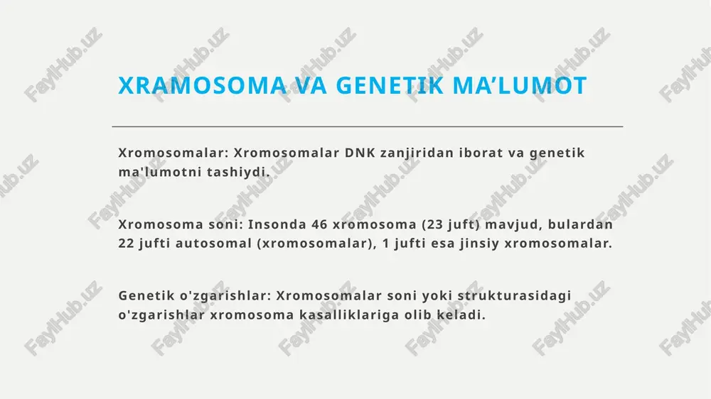 ing aksariyati birinchi haftalarda yoki oylarda (95% 1 yilgacha) vafot etadi. biroq, baʼzi bemorlar bir necha yil yashaydi. bundan tashqari, rivojlangan mamlakatlarda patau sindromi bilan ogʻrigan bemorlarning umr koʻrish davomiyligini 5 yilgacha (taxminan 15% bolalar) va hatto 10 yilgacha (bolalar 2 – 3%) oshirish tendentsiyasi mavjud. xromosoma kasalliklarining kelib chiqishi va oldini olish. kelib chiqishi: xromosoma kasalliklari turli omillar, jumladan, ota-onaning genetik holati, yoshi, va ba'zi tashqi faktorlarga bog'liq. oldini olish: prenatal screening va genetik maslahat amniyosentez va kordotsentez xulosa kelib chiqishi: xromosoma kasalliklari turli omillar, jumladan, ota-onaning genetik holati, yoshi, va ba'zi tashqi faktorlarga bog'liq. oldini olish: prenatal screening va genetik maslahat amniyosentez va kordotsentez 1. xromosoma kasalliklari nima va ular qanday kelib chiqadi? 2.xromosoma kasalliklarining asosiy turlari qanday? 3.xromosoma kasalliklarining belgilari nimalarda namoyon bo'ladi? 4.xromosoma kasalliklarini tashxislash uchun qanday usullar qo'llaniladi? 5.xromosoma kasalliklarini davolashning asosiy yo'nalishlari qanday? 6. daun sindromi nima va uning sababi nimada? 7.daun sindromi bilan …