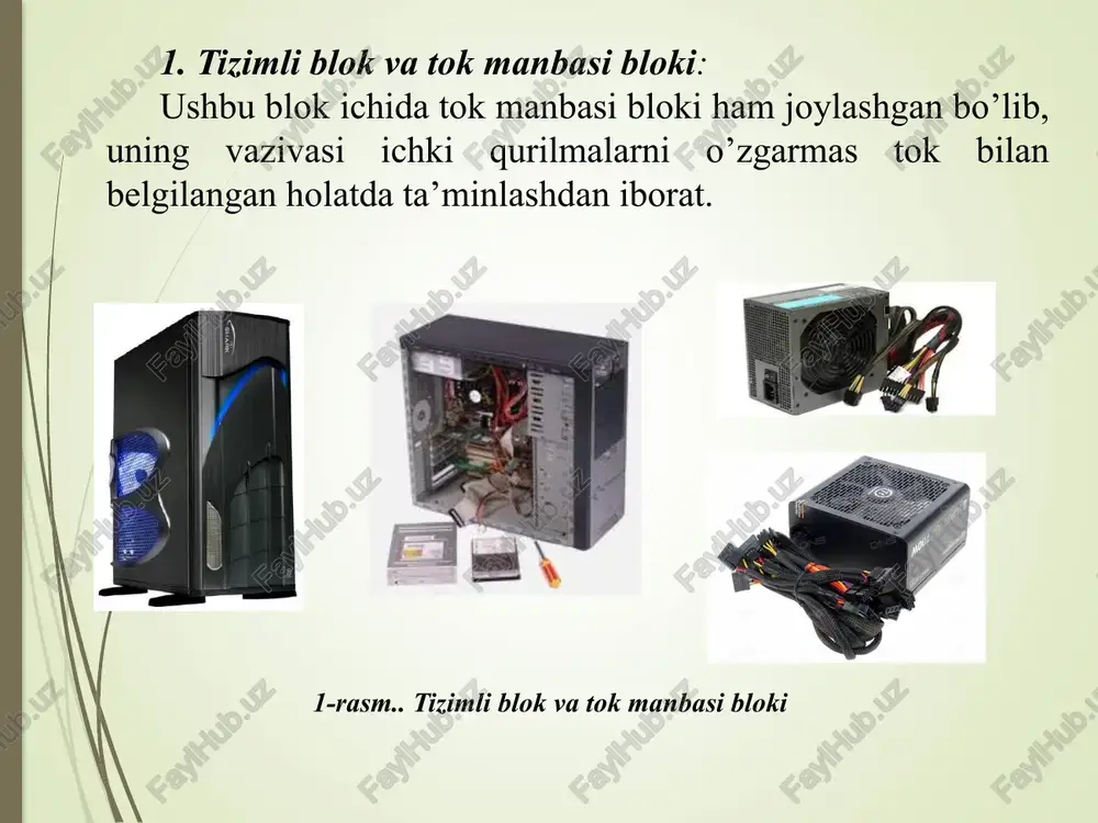 va grafik ma’lumotlarni rangli ko’rinishda qog’ozga chiqaradi. printer ishlash prinsipiga qarab quyidagi turlarga bo’linadi: a). ignali (matrisali) –yozish boshchasida vertical tartibda ignalar joylashgan. tezligi bir bet uchun 10 sekunddan-60 sekundgacha; b). sepuvchi (purkovchi)-tasvir qog’ozga maxsus qurilma orqali purkaladigan siyoh tomchilari yordamida yuzaga keladi. tezligi bir bet uchun 15 sekunddan-100 sekundgacha; c). lazerli (lazerli)-bosmaxona sifat darajasiga yaqin sifatli yozuvni ta’minlaydi.buyoq donachalari zarblanib barabanga yopishadi va tasvir hosii bo’ladi. tezligi bir bet uchun 1 sekunddan-15 sekundgacha; a). ignali (matrisali); b). sepuvchi (purkovchi); c). lazerli (lazerli). 11. skaner – qog’ozdagi grafik axborotni kompyuterga kiritish uchun ishlatiladigan qurilma. skanerlar ishlash prinsipiga qarab quyidagi turlarga bo’linadi: a) planshetli. b) barabanli. c) qo’lga mo’ljallangan. ma'lumotlarni raqamli ko'rinishga o'giruvchi vositalar skaner – kompyuterga matn, rasm, slayd, fotosurat ko’rinishida ifodalangan tasvirlar va boshqa grafik axborotlarni avtomatik ravishda mo’ljallangan qurilmadir. 12. modem – telefon tarmog’i orqali kompyuterlar orasida axborot almashish uchun qo’llaniladigan qurilma. u o’rnatilishiga mos ravishda ichki va …