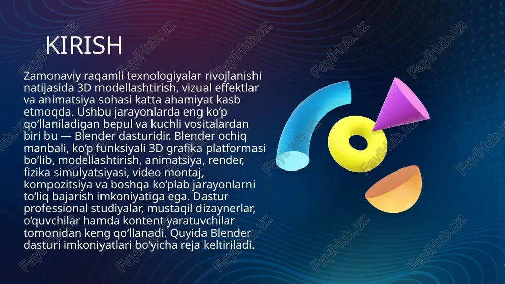 ay sahna yoki personajga hayot baxsh etishingiz mumkin. blenderning renderlash tizimi va qo‘shimcha funksiyalari 3 blender — bu nafaqat 3d modellashtirish va animatsiya, balki yuqori sifatli render olish uchun ham qulay vosita. renderlash jarayoni — bu 3d sahnani ikki o‘lchamli rasm yoki video faylga aylantirish jarayoni. blenderda renderlash tizimi va qo‘shimcha funksiyalar juda keng va moslashuvchan bo‘lib, professional vizual effektlar yaratish imkonini beradi. blenderning renderlash tizimi va qo‘shimcha funksiyalari blenderning renderlash tizimi va qo‘shimcha funksiyalari har qanday 3d sahnani professional darajada vizualizatsiya qilish imkonini beradi. eevee tezkor real-time render uchun, cycles esa aniq, ray-traced realistik tasvir yaratish uchun ishlatiladi. qo‘shimcha funksiyalar: compositing, render passes, motion blur, volumetrics, depth of field kabi vositalar sahnani yanada jozibador qilishga xizmat qiladi. blender orqali nafaqat modellarni, balki animatsiyalar, vizual effektlar va professional film sahnalarini render qilish mumkin. xulosa blender bugungi kunda 3d grafika bilan shug‘ullanuvchi mutaxassislar va yangi o‘rganuvchilar uchun eng maqbul dasturlardan biridir. …