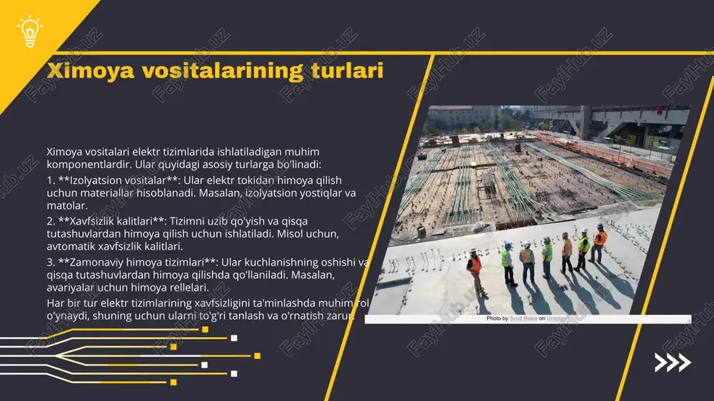 esa tizimni himoya qiladi. zichlovchilar esa, elektr energiyasining oqimini nazorat qilishga yordam beradi, shuningdek, tizimlar orasida izolyatsiyani ta'minlaydi. ushbu xavfsizlik vositalarining zarurligi, elektr energiyasining xavfsizligini ta'minlashda va insonga zarar yetkazmaslikda muhim ahamiyatga ega. ular yuqori kuchlanishli tizimlarda ishlatilganda, inson hayoti va mulk xavfsizligini ta'minlash uchun muhimdir. swot tahlili: - kuchli tomonlar: - yuqori darajadagi xavfsizlikni ta'minlaydi. - ishonchli va uzoq muddatli foydalanish imkonini beradi. - zaif tomonlar: - o'z vaqtida xizmat ko'rsatish va ta'mirlash zarur. - imkoniyatlar: - yangi texnologiyalar yordamida xavfsizlik vositalarini takomillashtirish. - tahdidlar: - tizimlarda nosozliklar yoki energiya uzilishlari xavfi. himoya vositalarini tanlash mezonlari himoya vositalarini tanlashda quyidagi mezonlar muhim ahamiyatga ega: 1. **qulaylik:** himoya vositasi foydalanuvchi uchun qulay bo'lishi kerak. masalan, o'ziga xos muhofaza funksiyalari va materiallarining yengil va nafas oladigan bo'lishi. 2. **ishonchlilik:** materiallar yuqori kuchlanish va zarbalarga bardosh berishi lozim. misol uchun, 1000 v kuchlanish uchun mo'ljallangan izolyatsiya materiallari. 3. **iqtisodiy samaradorlik:** himoya vositalarining …