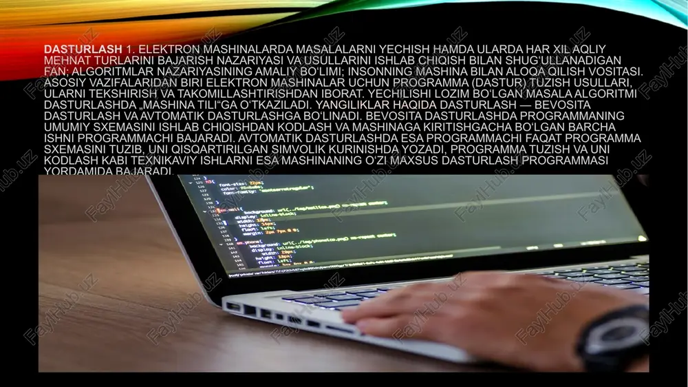 innovatsion echimlarni talab qiladi. dasturlash sohasi hali ham nisbatan yosh va doimiy ravishda rivojlanib bormoqda, keng ko’lamli yondashuvlarga imkon beradigan darajada xilma-xillik mavjud. ko’plab xatolarga yo’l qo’yiladi. dasturni loyihalashda va ularni chinakam tushunish uchun ularni yaratish muhim ahamiyatga ega.yaxshi dastur nima ekanligini his qilish qoidalar to’plamini yodlash orqali emas, balki amaliyot orqali rivojlanadi. nima uchun dasturlash tili til muhim dastlab, hisoblash texnikasi paydo bo’lganida, dasturlash tillari mavjud emas edi. bu 1 dan 10 gacha raqamlarni qo’shish va natijani chop etish uchun dastur: 1 + 2 + … + 10 = 55. hisoblashning dastlabki davrida dasturlash murakkab va mashaqqatli ish edi. birinchi kompyuterlarni ishlatish uchun kalitlarni qo’lda to’g’ri joyga o’rnatish yoki qog’oz chiziqlaridagi teshiklarni teshib qo’yish kerak edi, ular keyinchalik mashinaga kiritiladi. jarayon zerikarli, xatoga yo’l qo’ymaslik va ko’p vaqt talab qilardi. hatto kichik dasturlarni yozish ham katta mahorat va intizomni talab qildi. murakkab dasturlarni ishlab chiqish o’sha paytdagi texnologiya cheklovlarini …