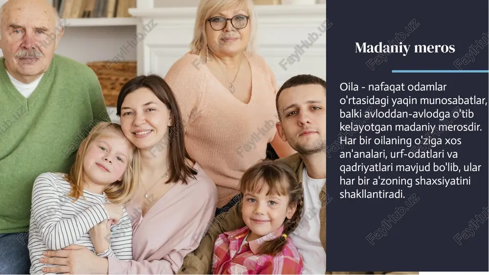 r bizga ijtimoiy ko'nikmalar va qobiliyatlarni rivojlantirishga yordam beradilar. o'zaro yordam va hamkorliko'zaro yordam va hamkorlik oila bizga o'zaro yordam va hamkorlikni o'rgatadi. ota-onalar bizni jamoa bo'lib ishlashga, baham ko'rishga va boshqalarga yordam berishga o'rgatadi. bu bizga ijtimoiy va shaxslararo ko'nikmalarni rivojlantirishga yordam beradi. oila bizga o'zaro yordam va hamkorlikni o'rgatadi. ota-onalar bizni jamoa bo'lib ishlashga, baham ko'rishga va boshqalarga yordam berishga o'rgatadi. bu bizga ijtimoiy va shaxslararo ko'nikmalarni rivojlantirishga yordam beradi. xilma xillik va bag'rikenglik xilma xillik va bag'rikenglik oila bizga xilma-xillik va bag'rikenglikni o'rgatadi. ota- onalarimiz odamlardagi xilma xillikni , fikrlarini hurmat qilishni va ularni tog'ri qabul qilishni o'rgatadi. bu bizga hurmat qilishlik va bag'rikenglik madaniyatini rivojlantirishga yordam beradi. oila bizga xilma-xillik va bag'rikenglikni o'rgatadi. ota- onalarimiz odamlardagi xilma xillikni , fikrlarini hurmat qilishni va ularni tog'ri qabul qilishni o'rgatadi. bu bizga hurmat qilishlik va bag'rikenglik madaniyatini rivojlantirishga yordam beradi. kelajak va meroskelajak va meros oila bizga kelajagimizni …