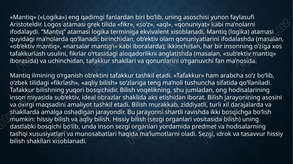 ng tabiatini konkret misollar yordamida ko‘rib chiqamiz. ma’lumki, ayrim predmetlar, ularning sinfi (to‘plami) kishilar tafakkurida turli xil mazmunga ega bo‘lgan tushunchalarda aks ettiriladi. masalan, “davlat” tushunchasida o‘zining maydoniga, aholisiga, boshqaruv vositalariga ega bo‘lgan siyosiy tashkilot aks etadi. «ilmiy nazariya» tushunchasida esa predmetlarning birorta sohasiga oid bo‘lgan va ular haqida yaxlit tasavvur beradigan, ma’lum bir metod yordamida qurilgan tushunchalar sistemasi ifoda etilgan. mazmun jihatdan turli xil bo‘lgan bu tushunchalar mantiqiy shakliga ko‘ra bir xildir: har ikkalasida predmet uning muhim belgilari orqali fikr qilingan «o‘z maydoniga egaligi», «aholisining mavjudligi», «boshqaruv vositalariga egaligi», «siyosiy tashkilotdan iboratligi» davlatning muhim xususiyatlari hisoblanadi. xuddi shuningdek, «predmetlarning birorta sohasiga aloqadorligi», «predmet haqida yaxlit tasavvur hosil qilishga imkoniyat berishi», «ma’lum bir metod yordamida qurilishi», «tushunchalar sistemasi shaklida bo‘lishi» ilmiy nazariya’ning muhim belgilari hisoblanadi. agar tushuncha aks ettirayotgan predmetni a bilan, unda fikr qilinayotgan muhim belgilarni, ya’ni fikrlash elementlarini a, v, s,..., n bilan belgilasak, tushunchaning mantiqiy strukturasini a …