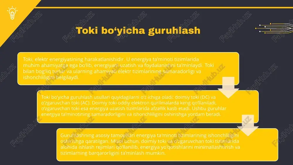 qilish guruhlash usullari - iste’molchilarning elektr ta’minoti ishonchliligini oshirish jarayonlari. ular tarmoqni samarali boshqarish va energiya ta’minotini optimallashtirishda muhim ahamiyatga ega. afzalliklari: energiya ta’minotining barqarorligi, tarmoq yuklanishini boshqarish va iste’molchilar bilan samarali aloqa. kamchiliklari: qo‘shimcha xarajatlar, murakkablik va resurslarni noto‘g‘ri taqsimlash xavfi. amalda ko‘plab misollar mavjud. yangi texnologiyalar yetishmovchiliklar rivojlanish imkoniyatlari raqqobatning kuchayishi kelajakda toki va kuchlanish bo‘yicha yangi texnologiyalarni joriy etish, energiya samaradorligini oshirish va iste'molchilarni ishonchli elektr ta'minoti bilan ta'minlash imkonini beradi. yangi texnologiyalarni joriy etish jarayonida kutilmagan muammolar va resurslar yetishmovchiligi yuzaga kelishi mumkin, bu esa rivojlanishni sekinlashtirishi mumkin. o‘zbekistonning elektr ta’minoti tizimidagi o‘zgarishlar, yangi imkoniyatlar yaratadi, shu jumladan, qayta tiklanuvchi energiya manbalaridan foydalanish va energiya samaradorligini oshirish. raqqobatning kuchayishi, boshqa mamlakatlarning elektr ta’minoti tizimlarida yangi innovatsiyalarni joriy etishi va iste'molchilarning talablarini oshirishi bilan bog‘liq bo‘lishi mumkin. s w o t kuchlanish ta’minoti va ishonchliligi kuchlanish ta’minoti energetika tizimlarida iste’molchilarga zarur kuchlanishni taqdim etish jarayonidir. ushbu jarayon …