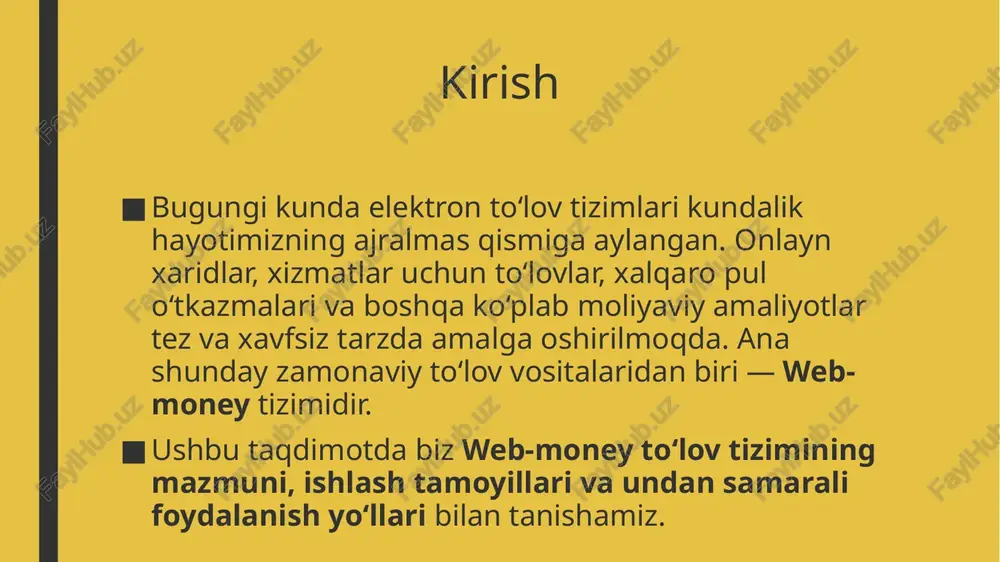 : foydalanuvchi qabul qiluvchining hamyon raqami yoki wmid raqamini kiritadi, summani belgilaydi va operatsiyani tasdiqlaydi. pul qabul qilish: pul yuborilgan foydalanuvchining tegishli hamyoniga avtomatik tushadi. qabul qiluvchi bu mablag‘ni xohlagancha ishlatishi yoki yechib olishi mumkin. tranzaktsiyalar: to‘lovlar real vaqt rejimida amalga oshiriladi va har bir operatsiya tizimda yozib boriladi. web-money tizimi orqali to‘lovlar tezkor, qulay va ishonchli tarzda amalga oshiriladi. web-money xavfsizlik tizimi web-money tizimi foydalanuvchilarning mablag‘larini himoya qilish uchun kuchli xavfsizlik choralarini qo‘llaydi. asosiy xavfsizlik vositalari quyidagilardan iborat: ikki bosqichli autentifikatsiya (2fa): tizimga kirishda parol bilan birga sms-kod yoki mobil ilova orqali tasdiqlash talab qilinadi. shaxsiy kalitlar va parollar: har bir foydalanuvchi o‘ziga xos xavfsizlik kalitiga ega bo‘lib, bu orqali operatsiyalarni tasdiqlaydi. verifikatsiya (identifikatsiya): foydalanuvchining shaxsiy ma’lumotlari tekshiriladi, bu firibgarlikning oldini olishga yordam beradi. xabarlar va bildirishnomalar: har bir tranzaktsiya haqida foydalanuvchiga xabar yuboriladi. web-money xavfsizlikka katta e’tibor qaratadi, bu esa foydalanuvchilarning ishonchini oshiradi. web-money tizimidan foydalanish imkoniyatlari web-money …