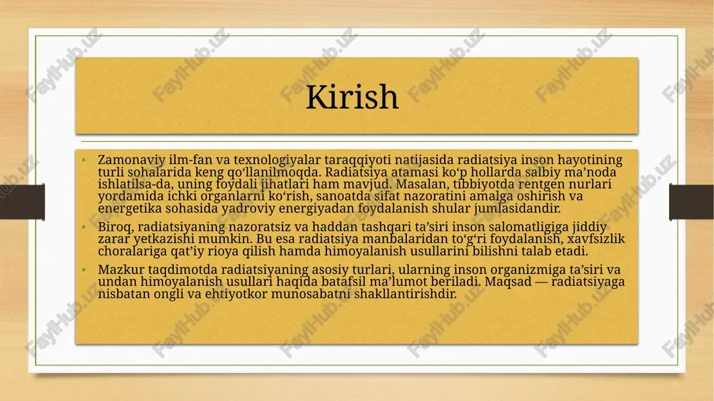 shikastlaydi, bu esa anemiya yoki qon ko‘chishi kasalliklariga olib kelishi mumkin. genetik o‘zgarishlar: dnk mutatsiyalari yuz berib, kelajak avlodlarga o‘zgargan xususiyatlar o‘tishi mumkin. tug‘ilishdagi nuqsonlar: yuqori dozada radiatsiya homiladagi rivojlanishni buzishi va tug‘ilishdagi nuqsonlarni keltirib chiqarishi mumkin. radiatsiya darajalari va xavflilik radiatsiya darajasi (msv/yil) ta'sir xavflilik 1000 o‘lim xavfi mavjud. bu darajaga yetgan radiatsiya to‘g‘ridan-to‘g‘ri o‘limga olib kelishi mumkin (masalan, yadro portlashlarida). yuqori xavf radiatsiyadan himoyalanish usullari radiatsiyadan himoyalanishning asosiy usullari: masofa: radiatsiya manbalaridan uzoqlashish orqali ta’sirni kamaytirish. vaqtni cheklash: radiatsiya manbalarida kamroq vaqt o‘tkazish. to‘siqlar va himoya materiallari: beton, suv kabi materiallar yordamida himoya qilish. yaxshi ventilatsiya: radon gazidan himoya uchun binolarda havalandirish tizimi. shaxsiy himoya vositalari: xavfli hududlarda ishlovchi shaxslar uchun maxsus kiyim va nafas olish apparatlari. radiatsiya xavfini kamaytirish yo‘llari radiatsiya xavfini kamaytirish uchun quyidagi yo‘llar mavjud: radiatsiya manbalarini nazorat qilish: radiatsiya manbalarini samarali boshqarish va ulardan noto‘g‘ri foydalanishga yo‘l qo‘ymaslik. xavfli hududlarda ishlash vaqtini qisqartirish: xavfli …
