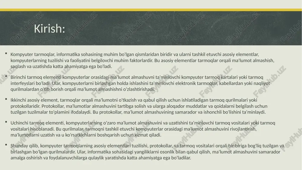 ishlatiladi. mac manzillari, odatda, 48 bitlik sonlar qatoridan iborat bo'lib, bu sonlar mac manzillarining unikal identifikatsiyasini ta'minlaydi. ip manzillari: bu manzillar esa tarmoqdagi bir qurilmadan boshqa qurilmaga yo'naltirilgan ma'lumotlar uchun tarmoqda izlash uchun ishlatiladi. ip manzillari tarmoqning tuzilmaviy tuzilishini yoritadi va faqat ip protokoli orqali ma'lumotlar o'tkazish va qabul qilish jarayonlari uchun identifikatsiya qiladi. ip manzillari, ipv4-da odatda 32 bitlik sonlar qatoridan, ipv6-da esa 128 bitlik sonlar qatoridan iborat bo'lishi mumkin. unikal xususiyatlar: mac manzillari: har bir tarmoq interfeysi uchun unikaldir va uni uchun maxsus taqsimlanadi. bu manzillar, qurilma tizimi tomonidan avtomatik ravishda generatsiya qilinadi. ip manzillari: tarmoqda bir nechta qurilmalar uchun o'zaro bir xil bo'lishi mumkin. bitta tarmoqda bir nechta qurilma uchun avtomatik ravishda tuziladi. funksiyalar: mac manzillari: qurilma uchun unikal identifikator bo'lib, tarmoq kartasi, switch, va boshqa tarmoq vositalari uchun xizmat qiladi. ip manzillari: tarmoqdagi qurilmalar orasidagi ma'lumot almashuvini ta'minlayadi va tarmoqdagi bir qurilmadan boshqa qurilmaga ma'lumotlarni yo'naltirish …