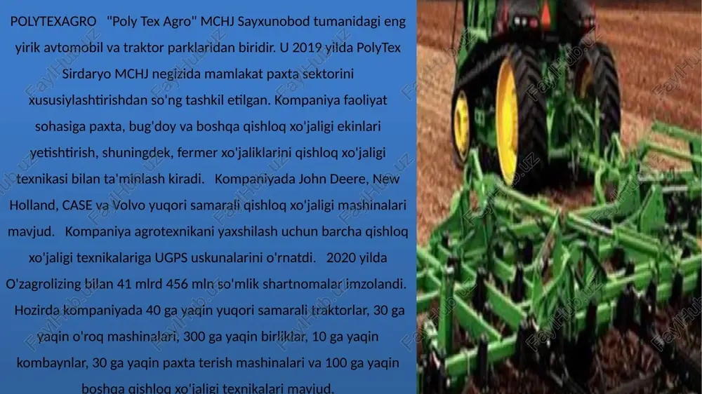 ) 4857 5788 q931 119.16 6 bir ishchiga to`g`ri keladigan urtacha yillik mahsulot sum (1g`3) 5608 6118 q430 107.7 jadval: mehnat unumdorligining tahlili. agroservis xizmat ko'rsatish markazimarkaz mintaqadagi qishloq xo'jaligi korxonalari (fermerlar) buyurtmalari bo'yicha suvni tejaydigan texnologiyalar (tomchilatib, purkagich, diskret sug'orish) tizimlarini o'rnatish va servis xizmatlari bilan shug'ullanadi markaz er osti ekin maydonlari uchun suvni tejaydigan amaldagi texnologiya (tomchilatib yuborish, purkagich, diskret) uchun maydonlarning maqbulligini o'rganadi;suvni tejaydigan uskunalarning eng yangi modellaridan foydalanish;suvni tejaydigan texnologiyalarning yo'nalishi-loyiha hujjatlarini ishlab chiqarish;suvni tejaydigan texnologiyalar tizimi bo ' yicha tegishli ilmiy-tadqiqot institutlaridan ilmiy tadqiqotlar olish;zamonaviy suvni tejash texnologiyasi bo'yicha ishlab chiqarish jarayonini nazorat qilish.ilmiy-tadqiqot instituti bilan imzolangan o'zaro hamkorlik ushbu sohadagi ilmiy-tadqiqot instituti bilan barqaror hamkorlikda ishlashning to'g'ri reglamentiga asoslanadi. "poly tex sirdaryo" mchj sirdaryo viloyati sayxunobod tumani merining 2019 yil 18 noyabrdagi 914-sonli qarori bilan tashkil etilgan.yaratilgan infostrukturalar:- logistika markazi- neft kompaniyasi- yoqilg'i mahsulotlari bazasi- mineral o'g'itlarning asosi- paxta tozalash zavodi- ilmiy markaz- yigiruv …