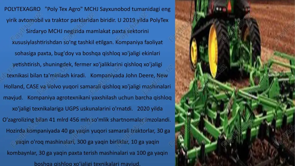 mavjud. korxonada doimiy videokuzatuv olib borilmoqda. barcha hisobotlar elektron shaklda tuziladi. paxta zavodi № ko`rsatkichlar bazis davri (reja) hisobot davri farki (q, -) bazisga nisbatan % 1 mahsulot hajmi (ish, xizmatlar) ming sum 7535 7528 q9 100.0 2 sanoat i.ch xodimlarning ruyxat buyicha urtacha soni 1570 1455 -15 92.6 3 ishchilarning ruyxat buyicha urtacha soni 1200 1115 -85 92.9 4 ishchilar sonining sanoat i.ch. xodimlarida tutgan ulushi (9*100g`2) 72.16 70.14 -202 92,2 5 bir xodimga to`g`ri keladigan urtacha yillik mahsulot sum (1g`2) 4857 5788 q931 119.16 6 bir ishchiga to`g`ri keladigan urtacha yillik mahsulot sum (1g`3) 5608 6118 q430 107.7 jadval: mehnat unumdorligining tahlili. agroservis xizmat ko'rsatish markazimarkaz mintaqadagi qishloq xo'jaligi korxonalari (fermerlar) buyurtmalari bo'yicha suvni tejaydigan texnologiyalar (tomchilatib, purkagich, diskret sug'orish) tizimlarini o'rnatish va servis xizmatlari bilan shug'ullanadi markaz er osti ekin maydonlari uchun suvni tejaydigan amaldagi texnologiya (tomchilatib yuborish, purkagich, diskret) uchun maydonlarning maqbulligini o'rganadi;suvni tejaydigan uskunalarning eng …