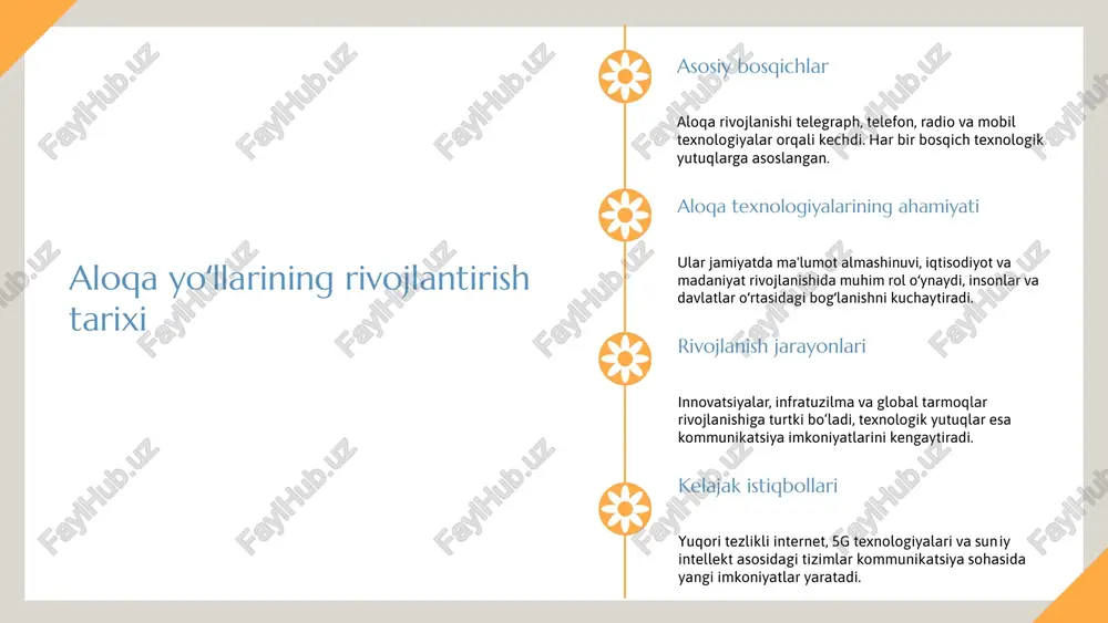 larning ta'siri aloqa texnologiyalarining ijtimoiy sohadagi ta'siri keng qamrovli bo'lib, odamlar orasidagi muloqotni osonlashtirdi va global jamiyatni yaratdi. masalan, ijtimoiy tarmoqlar yordamida insonlar dunyo bo'ylab tezkor bog'lanadi. iqtisodiy sohada, aloqa texnologiyalari biznes jarayonlarini tezlashtirdi, onlayn savdo platformalari va raqamli bank xizmatlari orqali iqtisodiy faollik oshdi. bu yangi ish o'rinlari va o'sishga turtki bo'ldi. madaniy sohada, texnologiyalar madaniyatlarni bir-biriga yaqinlashtirdi va milliy an'analarni global miqyosda tarqatishga imkon yaratdi. internet orqali madaniy festival va san'at asarlarini ko'rish imkoniyati kengaydi. innovatsiyalar va rivojlanish aloqa sohasida yangiliklar innovatsiyalar, aloqa texnologiyalarida yangi yondashuvlar va usullarning joriy etilishi bilan bog'liq. masalan, 5g texnologiyasi yuqori tezlik va kam kechikish bilan mobil aloqa imkoniyatlarini kengaytirdi. bu yangiliklar kommunikatsiya tizimlarining samaradorligini oshirishga yordam beradi, shuningdek, iot va smart city kabi loyihalarning rivojlanishiga turtki bo'lmoqda. raqamli transformatsiya va ta'siri raqamli transformatsiya – bu texnologik yangiliklar yordamida ish jarayonlari va xizmatlarni optimallashtirish jarayoni. bu jarayon aloqa sohasida ma'lumotlarni uzatish va ishlashni …
