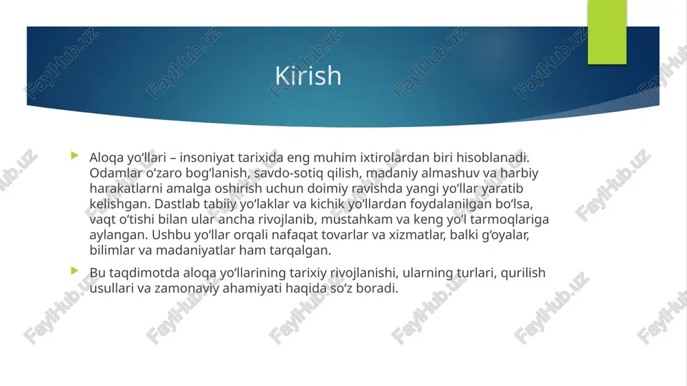 yo‘llari paydo bo‘lib, ular uchun foydalanuvchilardan to‘lov olinardi. bu davrda yo‘llar davlatlararo aloqalar va savdoning rivojlanishiga xizmat qildi. sanoat inqilobi va yo‘l qurilishi xix asrda sanoat inqilobi yo‘l qurilishida katta o‘zgarishlar olib keldi. yangi texnologiyalar va mashinalar yordamida yo‘l qurilishi tezlashdi va sifat yaxshilandi. temir yo‘llarning paydo bo‘lishi transport tizimini tubdan o‘zgartirdi, masofalar qisqarib, yuk tashish samaradorligi oshdi. shuningdek, asfalt va beton yo‘llar qurilishi boshlangan, bu yo‘llar chidamliligi va bardoshliligini oshirdi. sanoat inqilobi davrida yo‘l tarmoqlari mamlakatlar va sanoat markazlarini bir-biriga bog‘lashda hal qiluvchi rol o‘ynadi. xx asr va avtomobil yo‘llari xx asrda avtomobil sanoatining tez rivojlanishi yo‘l qurilish sohasida katta o‘zgarishlar keltirdi. avtomobil yo‘llari uchun asfalt va beton yo‘l qoplamalari keng qo‘llanila boshlandi. yo‘llarning sifati va chidamliligi oshdi, transport oqimlari ko‘paydi. shaharlararo va shahar ichidagi yo‘l tarmoqlari kengayib, infratuzilma rivojlana bordi. avtomobil yo‘llari iqtisodiyotning barcha sohalarini yanada rivojlantirishga yordam berdi. zamonaviy yo‘l qurilishi texnologiyalari zamonaviy yo‘l qurilishida ilg‘or texnologiyalar …