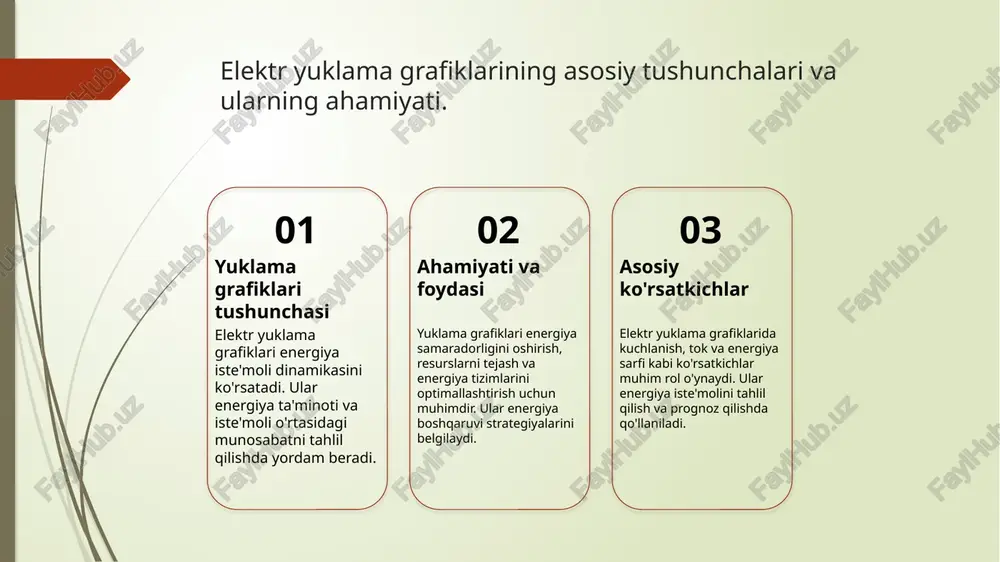 ini yaxshilash va xarajatlarni kamaytirish orqali iqtisodiy samaradorlikni oshirishga yordam beradi. elektr yuklama grafiklarining asosiy parametrlarini tushuntirish. 01 yuklama tahlili yuklama tahlili elektr yuklama grafiklarining asosiy parametrlaridan biri bo‘lib, energiya iste'molining vaqt o‘tishi bilan o‘zgarishini ko‘rsatadi. 02 energiya sarfi energiya sarfi - bu yuklama grafiklarida ko‘rsatilgan energiya iste'molining umumiy miqdorini ifodalaydi, bu esa energiya boshqaruvi uchun muhimdir. 03 chastota o'lchovlari chastota o'lchovlari yuklama grafiklarida energiya iste'molining chastotasi va undagi o‘zgarishlarni tushunishga yordam beradi, bu energiya samaradorligini oshiradi. yuklama grafiklaridagi kuchlanish va tok parametrlarining ahamiyati. yuklama grafiklaridagi kuchlanish va tok parametrlarining ahamiyati energiya ta'minoti va iste'molini boshqarishda muhim rol o'ynaydi. ushbu parametrlar tizimning samaradorligini, yukning qanchalik barqarorligini va energiya yo'qotishlarini aniqlashda yordam beradi. kuchlanish va tok o'zgarishlari, shuningdek, tizimning xavfsizligini ta'minlashda muhimdir. - kuchlanish va tok o'zaro bog'liq. - ular energiya sifatini belgilaydi. - yuklama grafiklari orqali tahlil qilish energiya samaradorligini oshiradi. elektr yuklama grafiklarida vaqt va chastota o'lchovlari. vaqt o'lchovlari …