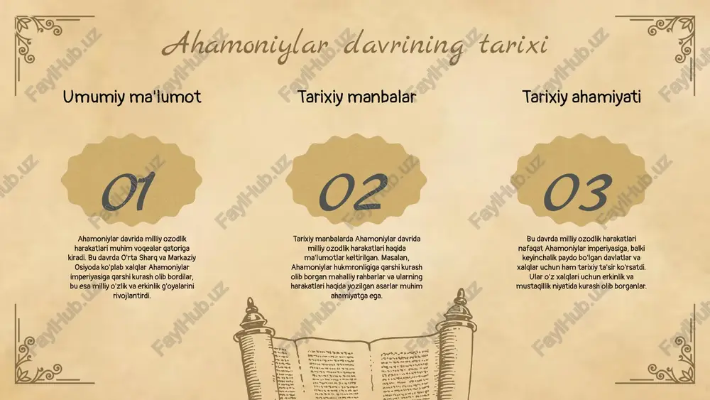 luvchi harakatlar yig'indisi. ushbu harakatlar ko'pincha ijtimoiy adolatsizlik, iqtisodiy nohaqlik va siyosiy repressiyalarga qarshi yo'naltirilgan bo'ladi. harakatlarning kelib chiqishi milliy ozodlik harakatlarining kelib chiqishi ko'plab faktorlarga bog'liq. ularning paydo bo'lishida urushlar, mustamlakachilik, iqtisodiy qiyinchiliklar va milliy ongning o'sishi kabi omillar muhim rol o'ynaydi. tarixiy kontekstni ko'rib chiqish tarixiy kontekstda, ahamoniylar davrida milliy ozodlik harakatlari o'z ildizlarini qadimgi urushlar va xalqaro munosabatlardan olib, ko'plab xalqlarning o'z erkinligi uchun kurashini kuchaytirdi. bu harakatlar, shuningdek, ijtimoiy va madaniy o'zgarishlarga ham olib keldi. 01 02 03 milliy ozodlik harakatlari va iqtisodiy muammo iqtisodiy muammolar milliy ozodlik harakatlari uchun muhim turtki bo'lib xizmat qildi. ahamoniylar davrida soliq yuklari va iqtisodiy qiyinchiliklar xalqlarning noroziligini kuchaytirdi. resurslarning notekis taqsimoti ijtimoiy adolatsizlikni kuchaytirib, odamlarni o'z huquqlarini talab qilishga undadi. bu holat milliy ozodlik harakatlarining kuchayishiga sabab bo'ldi. iqtisodiy inqirozlar harakatlarga qo'shilish uchun ko'plab guruhlarni birlashtirdi. inqirozlar davrida odamlar o'z iqtisodiy manfaatlarini himoya qilish maqsadida harakatlarga kirishdilar. photo by …