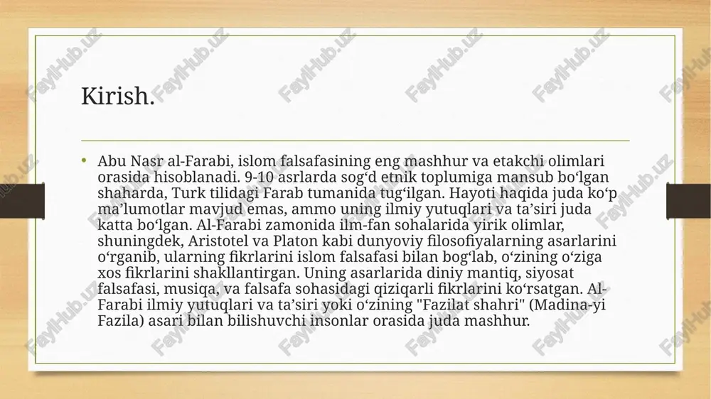 hri", al-farabi'nin ideal davlat haqida fikrlarini ifodalagan ilmiy asarlari ichida eng mashhuridir. u bu asarida, odamlar o'rtasidagi muvofiqligi, xilma-xil hukuk turlarini, o'zaro hurmat va insafni muhokama qilib, eng yaxshi jamiyat shaklini aniqlab chiqadi. al-farabi, bu ideal jamiyatning "fazilat shahri" (madina-yi fazila) deb atalishi mumkin bo'lgan bir taqdirda, fuqarolar va hokimlar o'rtasidagi munoqashani o'rnatadi va uning qanday rivojlanishi haqida o'ylaydi. bu asar, diniy va siyosiy sohalarda o'zining o'ziga xos fikrlarni ifodalaydi va uning davri va keyingi dörtlarda diniy mantiq va falsafa bo'ylab o'rganilgan. al-farabi'nin "fazilat shahri" asari, o'zining diniy mantiq va siyosiy fikrlarining ko'p tomonlama tushuntirilganligi va bu sohalarda kuchli ta'sir qilganligi bilan ajralib turadi. xulosa abu nasr al-farabi, 9-10 asrlarda otrar shahrida tug'ilgan va islom falsafasining eng katta voqealaridan biri hisoblanadi. bağdatda o'qish olib, debataning muhim markazlaridan biri bo'lgan bu filosof va olim, farscha, arabcha va turkiy tillarida asarlar yozgan. uning hayoti to'liq ravishda ma'lum emas, lekin uning asarlaridan va …