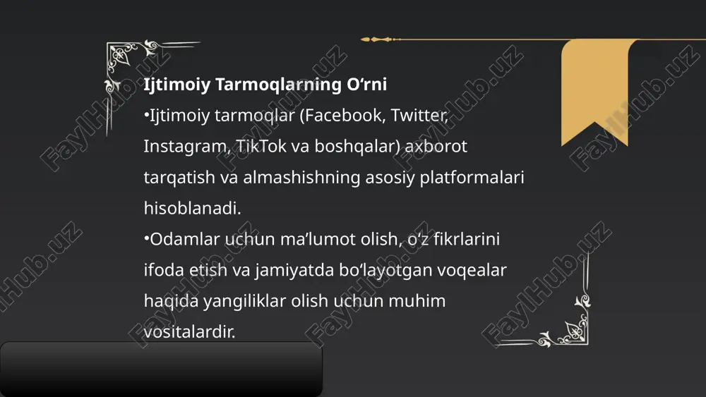 million noto‘g‘ri ma’lumot post va yangiliklar sifatida ulashilgan. ijtimoiy tarmoqlarning foydalanuvchilari orasida noto‘g‘ri ma’lumotlarga ishonish darajasi taxminan 58% deb baholangan. ushbu ma'lumotlar siyosiy, ijtimoiy yoki iqtisodiy masalalarda qaror qabul qilish jarayoniga sezilarli ta'sir ko'rsatishi mumkin. ijtimoiy tarmoqlar va feyk yangiliklar o‘rtasidagi aloqa feyk yangiliklar ijtimoiy tarmoqlarda tez tarqalishi va odamlarning fikrlarini shakllantirishi mumkin. ijtimoiy tarmoqlardagi algoritmlar feyk yangiliklar tarqalishini tezlashtirishi mumkin, chunki ular ko‘proq ko‘rilgan va baham ko‘rilgan kontentni ilgari suradi. muammolar feyk yangiliklar haqiqatni boshqarish, ijtimoiy polarizatsiya va jamoatchilik fikriga salbiy ta'sir ko‘rsatishi mumkin. ta'sir: sog‘liq, siyosat, iqtisodiyot, va boshqalar sohalarda xavfli natijalarga olib kelishi mumkin. . feyk yangiliklarni aniqlash axborot manbalarini tekshirish, faktlarni tasdiqlovchi saytlardan foydalanish. ommaviy axborot vositalarining obro‘si va ishonchliligini baholash. feyk yangiliklarni qayta tahlil qilish jamiyatda feyk yangiliklarga qarshi kurashish uchun targ‘ibot va ta'lim zarurligi. mediamatnni tushunish (media literacy) va tanqidiy fikrlashni rivojlantirish. ijtimoiy tarmoqlar va feyk hg to e'tiboringiz uchun raxmat! image1.png image2.png image3.png …