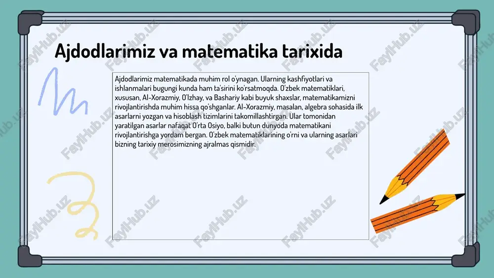 shakllarning yangi o'rganilishiga yordam beradi. ajdodlarimizning geometriyadagi nazariyalari hozirgi zamonaviy matematikada qo'llanilib, ko'plab sohalarda, jumladan, muhandislik, arxitektura va kompyuter grafikalarida asosiy rol o'ynaydi. bu tarixiy bilimlar bizga zamonaviy muammolarni hal etishda yordam beradi. ajdodlarimizning matematik merosi ajdodlarimiz matematikasi oʻzbekiston tarixida muhim o‘rin tutadi. abu rayhon beruniy, al-xorazmiy va al-farg'oniy kabi buyuk olimlar o‘z asarlarida geometriya, algebra va astronomiya sohalarida qimmatli bilimlarni qoldirganlar. ularning matematik merosi bugungi kunda ham ilm-fan rivojidagi muhim manba hisoblanadi. o'zbek matematikasining kelajagi ajdodlarimizning merosini o'rganish va undan foydalanishga bog'liq. ularning asarlarini o‘rganish, zamonaviy muammolarni hal qilishda qo‘llash, yangi avlod matematiklari uchun ilhom manbai bo'ladi. shuningdek, bu merosga asoslanib, o'zbekistonlik matematiklar xalqaro arenada tanilib, o'z o'rnini egallashi mumkin. oʻzbek matematiklarining tarixi oʻzbek matematiklarining tarixiy roli matematikaning rivojiga katta ta'sir ko'rsatdi. masalan, al-khwarizmi, algebra fanining asoschisi hisoblanadi. uning "al-kitab al-mukhtasar fi hisab al-jabr wal-muqabala" asari, algebra sohasidagi dastlabki muhim asarlardan biridir. bu asar orqali u tenglamalarni yechish metodlarini …