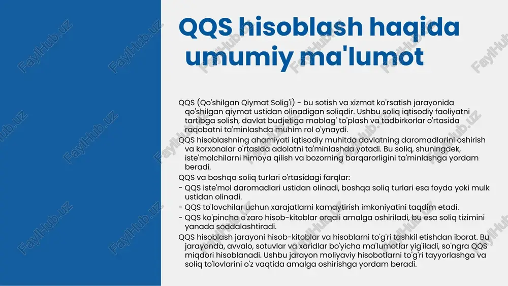 r qqs hisoblashda quyidagi asosiy formulalar qo'llaniladi: 1. **qqs = (sotish narxi - xarajatlar) × qqs stavkasi** - masalan, agar sotish narxi 100000 so'm, xarajatlar esa 60000 so'm bo'lsa, qqs = (100000 - 60000) × qqs stavkasi. 2. **qqs = daromad × 0.15** - agar daromad 80000 so'm bo'lsa, qqs = 80000 × 0.15 = 12000 so'm. 3. **qqs = (sotuvlar - chegirmalar) × qqs foizi** - misol uchun, agar sotuvlar 500000 so'm, chegirmalar esa 20000 so'm bo'lsa, qqs = (500000 - 20000) × qqs foizi. ushbu formulalar qqsni aniq hisoblash uchun zarur bo'lib, moliyaviy hisobotlar va soliq hisob-kitoblarida keng qo'llaniladi. ular nafaqat hisob-kitoblarni osonlashtiradi, balki soliq majburiyatlarini to'g'ri bajarishga yordam beradi. qqs hisoblashda uchraydigan xatolar - xato 1: qqsni noto'g'ri hisoblash. bu xato ko'pincha hisob-kitoblarda sifatli ma'lumot yetishmasligi yoki noto'g'ri formulalar qo'llanilishi sababli yuzaga keladi. buni tuzatish uchun, avval hisob-kitoblarni to'g'ri va aniq ma'lumotlar asosida qayta ko'rib chiqish zarur. …