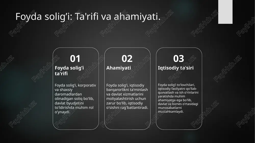ta'minlashda va umumiy moliyaviy salohiyatni oshirishda yordam beradi. 2 soliq to'lovchilarning turi - o'zbekistonda foyda solig’i to'lovchilari ikki asosiy guruhga bo'linadi: yuridik shaxslar va jismoniy shaxslar, har biri o'ziga xos mas'uliyatga ega. 3 iqtisodiy ta'sir - foyda solig’i to'lovchilari iqtisodiy o'sishga hissa qo'shib, investitsiyalarni rag'batlantiradi va yangi ish o'rinlarini yaratadi, bu esa ijtimoiy farovonlikni oshiradi. 4 soliq siyosati va barqarorlik - samaraali soliq siyosati foyda solig’i to'lovchilarining iqtisodiy barqarorligini ta'minlaydi, bu esa davlat iqtisodiyotining o'sishiga va rivojlanishiga yordam beradi. soliq to'lovchilar: kichik va katta bizneslar o'rtasidagi farqlar. kichik bizneslar kichik bizneslar odatda 50 million so'mgacha daromadga ega bo'lib, soliq to'lovlari oddiy tartibga ko'ra amalga oshiriladi. ularning moliyaviy mas'uliyati kamroq. katta bizneslar katta bizneslar esa ko'proq daromadga ega bo'lib, murakkab soliq tizimiga bo'ysunadi. ular ko'proq soliq to'laydilar va ko'proq nazoratga duchor bo'lishadi. soliq majburiyatlari kichik va katta bizneslar o'rtasida soliq majburiyatlari farqi mavjud. kichik bizneslar uchun soliq imtiyozlari ko'p bo'lsa, katta …
