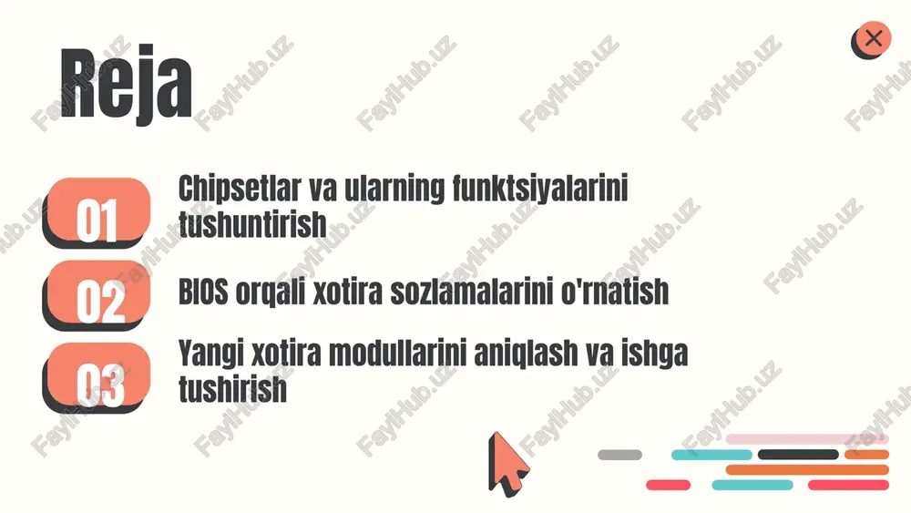 n kompyuterning ish faoliyatini va samaradorligini ta'minlaydi. masalan, bios xotira modullarining tezligini 2400 mhz ga sozlashi, ularning ishini tezlashtiradi va umumiy tizim samaradorligini oshiradi. shunday qilib, chipset va bios o'rtasidagi aloqa kompyuter tizimining optimal ishlashi uchun muhimdir. photo by altumcode on unsplash chipsetlar va xotira o'rtasidagi bog'lanish chipsetlar xotira modullarining ishlashini boshqaradi va ularning parametrlarini belgilaydi. ular xotira tezligini nazorat qilish orqali kompyuterning umumiy samaradorligini oshiradi. xotira va chipset o'rtasidagi bog'lanish, kompyuterning quvvati va ish faoliyatini belgilovchi muhim omil hisoblanadi. bios orqali yangi o'rnatilgan xotira modullari uchun moslashuvlar amalga oshirilishi, ularning optimal ishlashini ta'minlaydi. photo by goran ivos on unsplash bios va uning xotira sozlamalari bios (basic input/output system) - bu kompyuterning asosiy dasturi bo'lib, u boshlang'ich yuklash jarayonida operatsion tizimni yuklash uchun zarur bo'lgan dasturlarni boshqaradi. bios kompyuterning apparatlariga, jumladan xotira va saqlash qurilmalariga kirishni ta'minlaydi. biosdagi xotira sozlamalari kompyuterning tezligi va ishlashini optimallashtirishda muhim ahamiyatga ega. ular xotira …