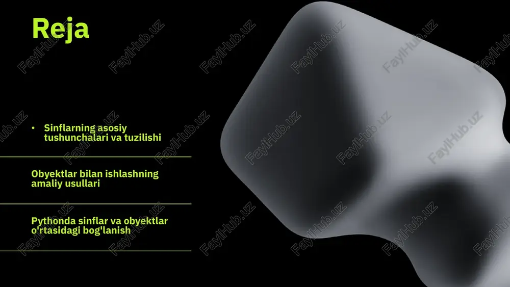 xususiyatlarini va ularning harakatlarini nazorat qilish mumkin. real hayot misoli sifatida, avtomobillarni ijaraga berish tizimini ko'rib chiqamiz. "avtomobil" sinfi yordamida har bir avtomobilning modelini, rangini, narxini va ijaraga berish jarayonini boshqarish mumkin. bu orqali dasturchi avtomobillarni boshqarish jarayonini soddalashtiradi va ma'lumotlarni samarali ravishda saqlash imkoniyatini yaratadi. obyektlar muammolarni hal qilishda katta yordam beradi, chunki ular ma'lumotlarni to'plab, ularni boshqarish uchun qulay interfeys taqdim etadi. photo by fatos bytyqi on unsplash photo by jefferson santos on unsplash sinf va obyektlar bilan ishlash photo by alvaro reyes on unsplash photo by maik jonietz on unsplash photo by nejc soklič on unsplash photo by boitumelo on unsplash photo by boitumelo on unsplash photo by shamin haky on unsplash obyektlar bilan tanishish python dasturlash tilida obyektlar va sinflar dasturlashning asosiy tushunchalaridan biridir. obyektlar, ma'lum bir sinfga mansub bo'lib, ularning xususiyatlari va metodlarini o'z ichiga oladi. dasturlash jarayonida obyektlar yordamida kodni tashkil etish va takrorlanishni …