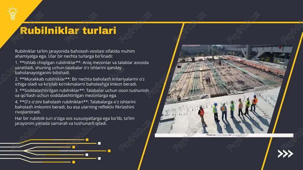 ntiqiy va matematik masalalar, ko'plab muammolarni hal qilish uchun foydali vositalar hisoblanadi. masalan, 'zebra masalasi' rubilniklar orqali mantiqiy fikrlashni rivojlantirishga yordam beradi. bu masala orqali talabalar o'zlarining mantiqiy qobiliyatlardan foydalanish va muammolarni yechish jarayonida ijodkorlik ko'rsatishlari mumkin. shuningdek, rubilniklardan foydalanish orqali guruh ishlari tashkil qilinishi va talabalar o'rtasida fikr almashish jarayonlari amalga oshirilishi mumkin. rubilniklarning umumiy tuzilishi rubilniklar - mexanik qurilmalar bo'lib, ularning asosiy vazifasi harakatni uzatishdir. rubilniklar qopqoq, mexanizm va qism kabi asosiy qismlardan iborat. qopqoq rubilnikning tashqi ko'rinishini belgilaydi, mexanizm esa ichki harakatni ta'minlaydi. qism esa rubilnikning funktsional vazifalarini bajaradi. ushbu tuzilmani ko'rsatish uchun diagramma qo'shilishi zarur. photo by scott blake on unsplash rubilnikning qopqoq tuzilishi qopqoq - rubilnikning muhim qismi bo'lib, uning vazifasi suyuqlikni to'sish va himoya qilishdir. qopqoq plastmassa yoki metall materiallardan ishlab chiqariladi, bu esa uning mustahkamligi va uzoq muddat ishlashini ta'minlaydi. qopqoqning funksional dizayni, uning qulay ochilishi va yopilishi bilan birga, suyuqlikning to'kilishini oldini …
