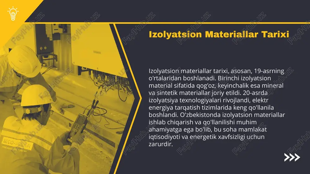 i, bu esa texnologik qurilmalarni yanada rivojlantirish imkonini beradi. sinov jarayonlari bir necha bosqichlarni o'z ichiga oladi: - dastlabki tayyorgarlik - sinov o'tkazish - natijalarni tahlil qilish - xulosa chiqarish. har bir bosqichda aniqlik va qat'iyatlilik muhimdir, chunki natijalar qurilmalar sifatini ta'minlashda muhim rol o'ynaydi. sinov usullarining tasnifi ko'p jihatdan ularning qo'llanilishiga va maqsadlariga bog'liq. masalan, fizik, mexanik, elektr va issiqlik sinovlari mavjud. har bir usulning o'ziga xos afzalliklari va cheklovlari mavjud, shuning uchun ularning ahamiyatini tushunish zarur. izolyatsion materiallar sinov standartlari izolyatsion materiallar uchun standartlar xavfsizlik va sifatni ta'minlashga qaratilgan. bu standartlar xalqaro va milliy texnik talablarni o'z ichiga oladi. standartlar va sinov usullari izolyatsion materiallarning sifatini baholashda muhim rol o'ynaydi. har bir standart materialning belgilangan sinovlardan o'tishini ta'minlaydi. standartlarning rivojlanish tarixi ilmiy va texnologik yutuqlarga bog'liq. bu jarayonlar kelajakda yangi standartlar yaratishga va mavjudlarni yangilashga olib keladi. kelajak istiqbollari izolyatsion materiallar sinov standartlarining global muvofiqligini ta'minlashni va yangi …