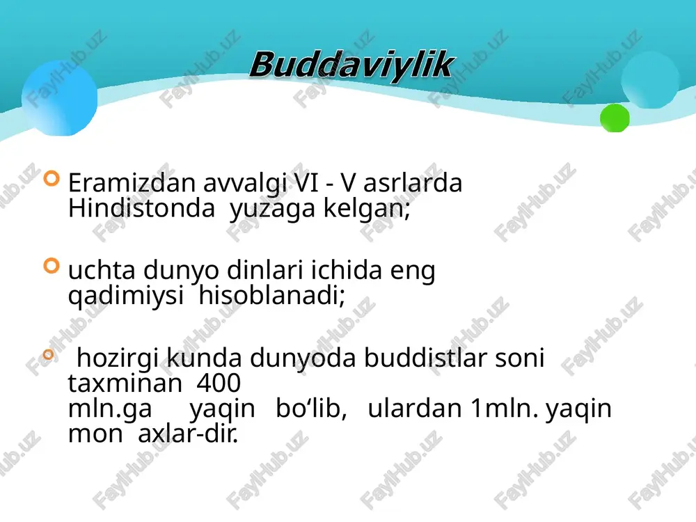evropa qit'alariga buddaviylik kirib borgan. buddaviylik manbalari tripitaka (yoki tipitaka) - uch savat ma'nosini anglatadi. u uch qismdan iborat bo‘lganligi uchun shunday nom bilan atalgan. ular: sutta-pitaka - budda targ‘ibotining haqiqiy bayoni hisoblangan sutra matnlari; vinaya-pitaka -rahboniylik ahloqi va xonaqohlar nizomlariga bag‘ishlangan vinaya matnlari; abxidxarma-pitaka -buddaviylikning falsafiy va psixologik muammolarini bayon qilib berishga bag‘ishlangan abxidxarma matnlaridan iborat. e'tiboringiz uchun rahmat! image5.png image6.png image7.png image8.png image9.png image10.png image11.jpg image12.png image13.jpg image14.jpg image4.png image1.png image2.png image3.png