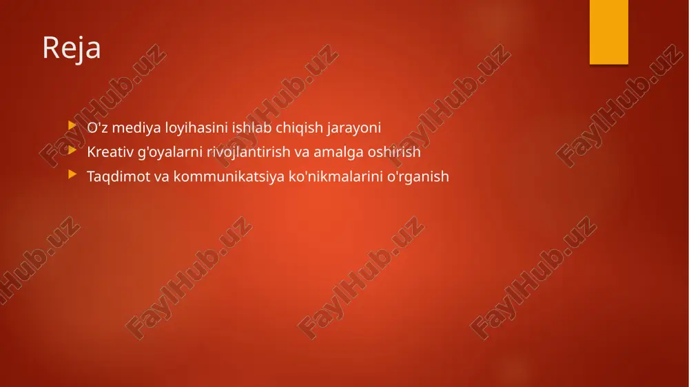 bu loyiha muvaffaqiyatiga olib keladi. vaqtni boshqarish vaqtni samarali boshqarish, loyihani belgilangan muddatlarda tugatish uchun zarur. bu, vazifalarni ustuvorlik bilan bajarish va rejalashtirishni talab etadi. resurslarni taqsimlash loyihani amalga oshirishda resurslarni to'g'ri taqsimlash juda muhim. bu, jamoa a'zolari va texnologiyalarni optimal ishlatishga yordam beradi. monitoring va tahlil loyihaning har bir bosqichida monitoring va tahlil o'tkazish zarur. bu, rejalashtirish jarayonini takomillashtirish va muammolarni oldini olishda yordam beradi. kreativ g'oyalarni aniqlash: ilhom manbalari va tadqiqot metodlari. ilhom manbalari kreativ g'oyalarni aniqlashda ilhom manbalari muhim rol o'ynaydi. kitoblar, san'at asarlari va tabiiy muhit yangi g'oyalar uchun manba bo'lishi mumkin. tadqiqot metodlari g'oyalarni rivojlantirishda metodologiya zarur. kvalitativ va kvantitativ tadqiqotlar yordamida bozor talabi va auditoriya qiziqishlarini aniqlash mumkin. innovatsion fikrlash kreativ jarayonni qo'llab-quvvatlash uchun innovatsion fikrlash usullaridan foydalanish zarur. brainstorming va vizualizatsiya g'oyalarni rivojlantirishda samarali usullardir. g'oyalarni rivojlantirish: muvaffaqiyatli media loyihalari uchun strategiyalar. g'oya aniqlash g'oyani rivojlantirish g'oyani amalga oshirish g'oya aniqlash jarayoni, tadqiqotlar …