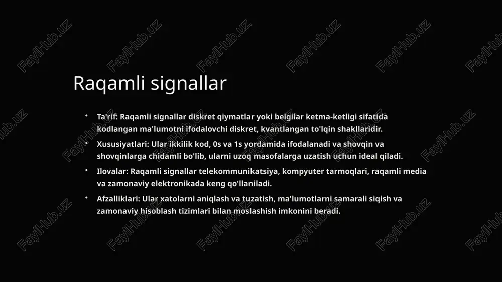 keng polosali signallar aloqa kanallari orqali ma'lumotlarni samarali uzatishda hal qiluvchi rol o'ynaydi. uzatish uchun butun tarmoqli kengligidan foydalanadigan asosiy tarmoqli signallardan farqli o'laroq, keng polosali signallar bir vaqtning o'zida bir nechta signallarni uzatish imkonini beruvchi bir vaqtning o'zida bir qator chastotalardan foydalanadi. signalni uzatishning bu usuli mavjud tarmoqli kengligini alohida chastotali kanallarga bo'lish orqali yuqori tezlikdagi internet ulanishlari, kabel televideniesi va boshqalarni osonlashtiradi. natijada, keng polosali signallar tezroq ma'lumotlarni uzatish tezligini taklif qiladi va turli xil ommaviy axborot vositalarini uzoq masofalarga samarali uzatish imkonini beradi. 5 davriy signallar 1 takroriy naqsh davriy signallar vaqt o'tishi bilan takrorlanadigan naqshni namoyon qiladi. bu shuni anglatadiki, signal to'lqin shakli muntazam ravishda bir xil shaklga qaytadi. davriy signallarning izchilligi va taxminiyligi ularni turli aloqa va boshqaruv tizimlarida qimmatli qiladi. 2 chastotasi va davri davriy signallarning chastotasi va davrini tushunish juda muhimdir. chastota vaqt birligidagi signalning aylanishlar sonini yoki takrorlanishini ifodalaydi, davr esa bitta …