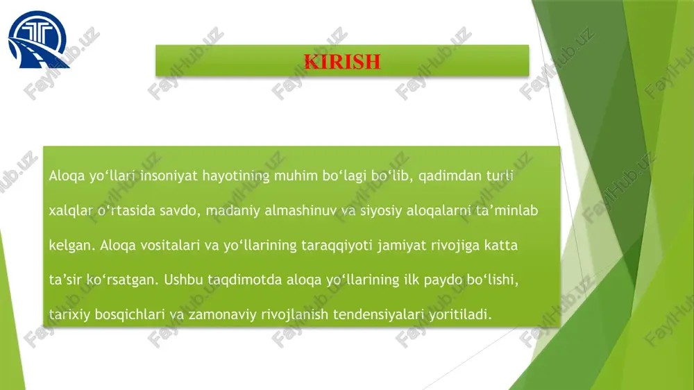 a ovozli aloqa amalga oshirildi. yangi davr aloqa tizimining texnologik rivojlanishi orqali savdo, sanoat va kundalik hayotda katta o‘zgarishlar yuz berdi. sanoat inqilobidan keyingi rivojlanish xix asrning oxiri va xx asr boshlarida aloqa yo‘llari va transport tizimi yanada takomillasha boshladi. bu davrda avtomobillar, samolyotlar, metrolar va elektr poezdlar keng joriy etildi. shaharlararo va xalqaro yo‘llar rivojlanib, odamlar harakati va yuk tashish yanada qulaylashdi. aloqa sohasida esa telefon aloqasi kengaydi, radio va televideniye paydo bo‘ldi. asosiy xususiyatlar: tezyurar transport vositalari paydo bo‘ldi. shaharlar va mamlakatlar o‘rtasida aloqalar kuchaydi. axborot yetkazish tezlashdi va ommaviy tus oldi. bu davr aloqa tarixida zamonaviy infratuzilmaning shakllanishi boshlangan muhim bosqich hisoblanadi. raqamli inqilob va internet xx asr oxiri va xxi asr boshlarida raqamli texnologiyalar hayotimizga kirib keldi. internet va mobil aloqa tizimlari global muloqotni tubdan o‘zgartirdi. endi odamlar tezkor xabar almashish, videoqo‘ng‘iroq qilish va axborotga istalgan vaqtda kirish imkoniga ega bo‘ldi. sun’iy yo‘ldoshlar yordamida aloqa qamrovi …