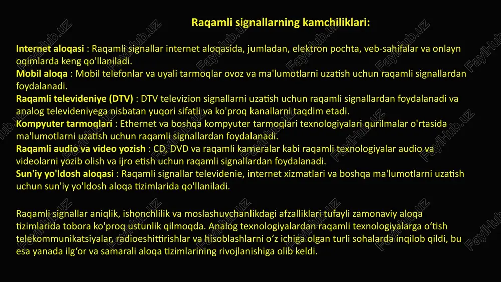 li. asosiy tarmoqli uzatishda aloqa kanalining butun tarmoqli kengligi modulyatsiyasiz bitta raqamli yoki analog signalni uzatish uchun ishlatiladi. asosiy tarmoqli signallarning ba'zi asosiy jihatlari: asosiy tarmoqli signallarning xususiyatlari: modulyatsiyalanmagan : baza polosali signallar modullanmagan, ya'ni ular amplitudali modulyatsiya (am), chastotali modulyatsiya (fm) yoki fazali modulyatsiya (pm) kabi modulyatsiya usullaridan o'tmaydi. keng tarmoqli kengligi : asosiy tarmoqli signallar odatda modulyatsiyalangan signallarga nisbatan kengroq tarmoqli kengligi talab qiladi, chunki ular aloqa kanalining to'liq chastota diapazonidan foydalanadilar. oddiy uzatish : asosiy tarmoqli uzatish nisbatan sodda, chunki modulyatsiya va demodulyatsiya jarayonlariga ehtiyoj yo'q. asosiy tarmoqli signallarning afzalliklari: oddiylik : baza polosali uzatish modulyatsiyalangan uzatish tizimlariga nisbatan soddaroq va kamroq murakkab uskunalarni talab qiladi. past kechikish : asosiy tarmoqli signallar pastroq kechikishni taklif qilishi mumkin, chunki modulyatsiya va demodulyatsiya jarayoni mavjud emas. yuqori signal sifati : asosiy tarmoqli signallar yuqori signal sifatini saqlab turishi mumkin, chunki ular modulyatsiya va demodulyatsiya orqali kiritilgan qo'shimcha shovqinsiz uzatiladi. …