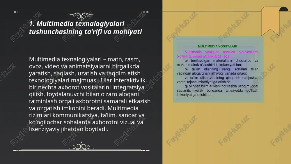 ntegratsiyasi. ... t.me/slaydai_bot interaktiv multimedia va foydalanuvchi interfeysi dizayni — foydalanuvchi bilan turli mediaviy elementlar orqali o‘zaro taʼsirni tashkil etish. asosiy komponentlar: matn, rasm, audio, video, animatsiya, sensor va gestlar. dizayn tamoyillari: foydalanuvchi markazlilik, soddalik, intuitiv navigatsiya, izchillik, tezkor javob, kirish imkoniyati. prototiplash va foydalanuvchi sinovlari ux optimallashtirishga xizmat qiladi. responsive va adaptiv dizayn turli qurilmalarda moslashuvchanlikni taʼminlaydi. personalizatsiya va multimodal oʻzaro taʼsir samaradorlikni oshiradi. multimedia texnalogiyalari tushunchasi a'zamova shirinbonu e'tiboringiz uchun raxmat! image1.png image2.png image3.png image4.jpg image5.jpg image6.jpg image7.jpg /docprops/thumbnail.jpeg