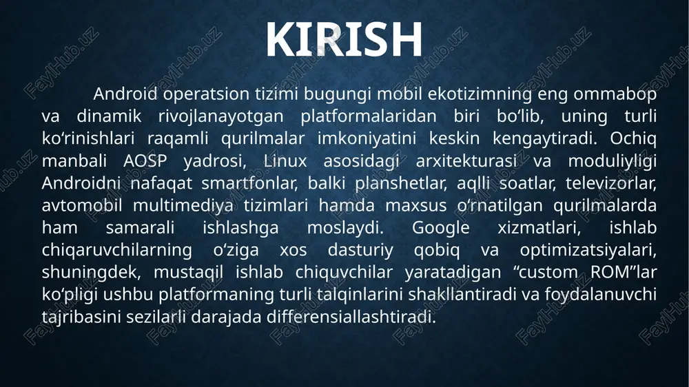 eratsion tizimining asosiy turlari va ularning xususiyatlari stock (yoki aosp-ga yaqin) android minimal o‘zgartirishlarga ega bo‘lib, tizim modulligi, xavfsizlik yangilanishlari va api barqarorligi tufayli tezkor yangilanishlar hamda ilovalar mosligini ta’minlaydi. ushbu talqin odatda google’ning to‘g‘ridan-to‘g‘ri qo‘llovi ostida bo‘lib, tizim darajasida ortiqcha jarayonlar cheklangani sabab barqarorlik va energiya samaradorligini ustuvor qiladi. ishlab chiqaruvchiga xos talqinlar (one ui, miui, oxygenos kabi) apparat resurslarini chuqur optimallashtirish, brend dizaynini mustahkamlash va qo‘shimcha xizmatlarni taqdim etish orqali foydalanuvchi tajribasini farqlaydi; shu bilan birga, qo‘shimcha komponentlar sabab yangilanish zanjiri murakkablashishi mumkin. resurslari cheklangan qurilmalar uchun mo‘ljallangan yengillashtirilgan android talqinlari xotira va protsessor yukini kamaytirish, tarmoq va energiya sarfini optimallashtirishga qaratilgan bo‘lib, asosiy funksiyalarni soddalashtirilgan interfeys va ixcham ilovalar orqali taqdim etadi. mobil va planshet segmenti ko‘p oynali ish rejimi, moslashuvchan ui komponentlari, sensorlar (gps, giroskop, biometrika) va quvvat boshqaruvi orqali ilova ekotizimining eng keng qamrovli qismini tashkil etadi. android tv yirik ekranlar, masofaviy boshqaruv va media …