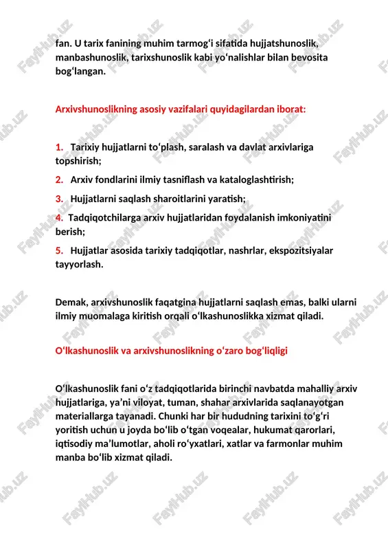 hun, farg‘ona viloyati arxivida 1917–1930-yillarga oid qishloq jamoalarining yig‘ilish bayonnomalari, yer islohoti hujjatlari saqlanadi. bunday materiallar o‘lkashunoslik uchun bevosita tarixiy manba bo‘lib xizmat qiladi. arxivshunoslikning zamonaviy bosqichi bugungi kunda arxivshunoslik raqamli texnologiyalar bilan chambarchas bog‘langan. elektron arxiv tizimlari, raqamlashtirilgan hujjatlar bazasi va onlayn arxiv portallari o‘lkashunoslik tadqiqotlarini yangi bosqichga olib chiqmoqda. masalan, “o‘zbekiston respublikasi milliy arxivi”da 2020-yildan boshlab “elektron hujjatlar jamg‘armasi” loyihasi yo‘lga qo‘yildi. bu tizim yordamida tadqiqotchilar arxiv materiallarining elektron nusxalaridan foydalanish imkoniyatiga ega bo‘ldilar. natijada, o‘lkashunoslik tadqiqotlari tezkor, ishonchli va manbaga tayanilgan holda olib borilmoqda. bu jarayon arxivshunoslik fanining zamonaviy ahamiyatini yanada oshirdi. arxivshunoslik va o‘lkashunoslikdagi ilmiy hamkorlik o‘lkashunoslikni rivojlantirishda arxivshunos olimlar, tarixchilar, muzeyshunoslar, hamda mahalliy tarix ixlosmandlari o‘zaro hamkorlikda ishlaydi. ular arxiv hujjatlaridan foydalanib quyidagi ishlarni amalga oshiradi: tarixiy albomlar, kataloglar, ko‘rgazmalar tashkil etadi; mahalliy tarixga bag‘ishlangan ilmiy maqolalar yozadi; o‘tmish voqealarini yorituvchi hujjatlar to‘plamini nashr etadi; hujjat asosida tarixiy shaxslar faoliyatini o‘rganadi. bu hamkorlik natijasida o‘lkashunoslik …